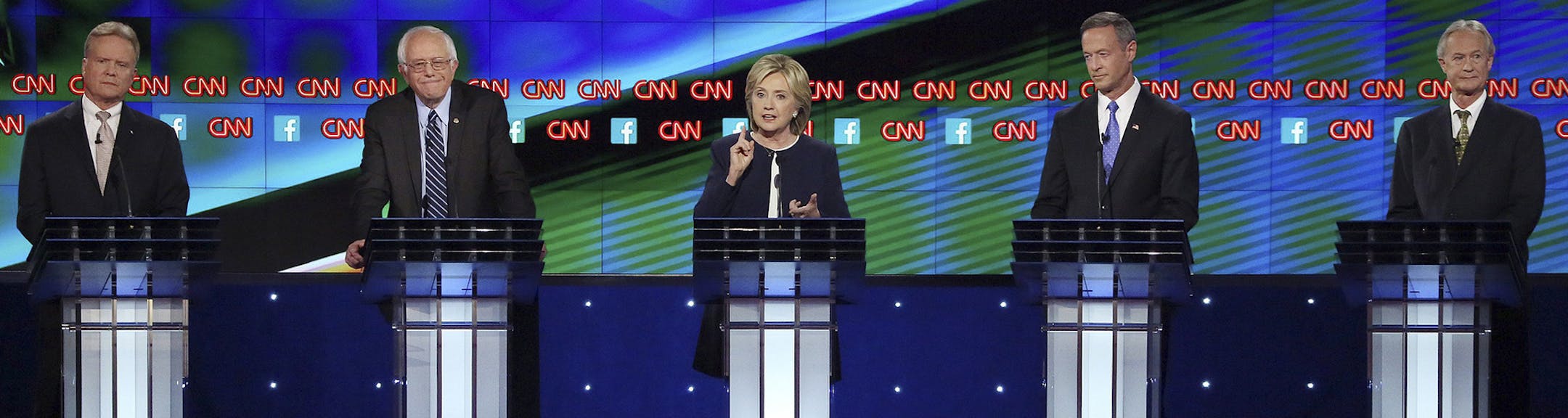 From left: Democratic presidential hopefuls Jim Webb, Bernie Sanders (I-Vt.), Hillary Rodham Clinton, Martin O'Malley and Lincoln Chafee during the Democratic presidential debate hosted by CNN in Las Vegas, Oct. 13, 2015. (Josh Haner/The New York Times) ORG XMIT: MIN2015101416010494