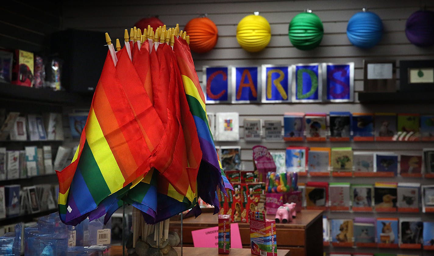 Rainbow Road in Minneapolis, offers a variety of rainbow-themed pride merchandise, including stickers, flags, suspenders and more. ] JIM GEHRZ&#xef;james.gehrz@startribune.com (JIM GEHRZ/STAR TRIBUNE) / June 23, 2016/ 12:00 PM , Minneapolis, MN - BACKGROUND INFORMATION: Target&#xed;s prominent rainbow-themed pride merchandise displays in select stores has been turning heads. You can also find rainbow gear at Macy's, Old Navy, and Hot Topic. We take a look at the mainstreaming of pride merchandis