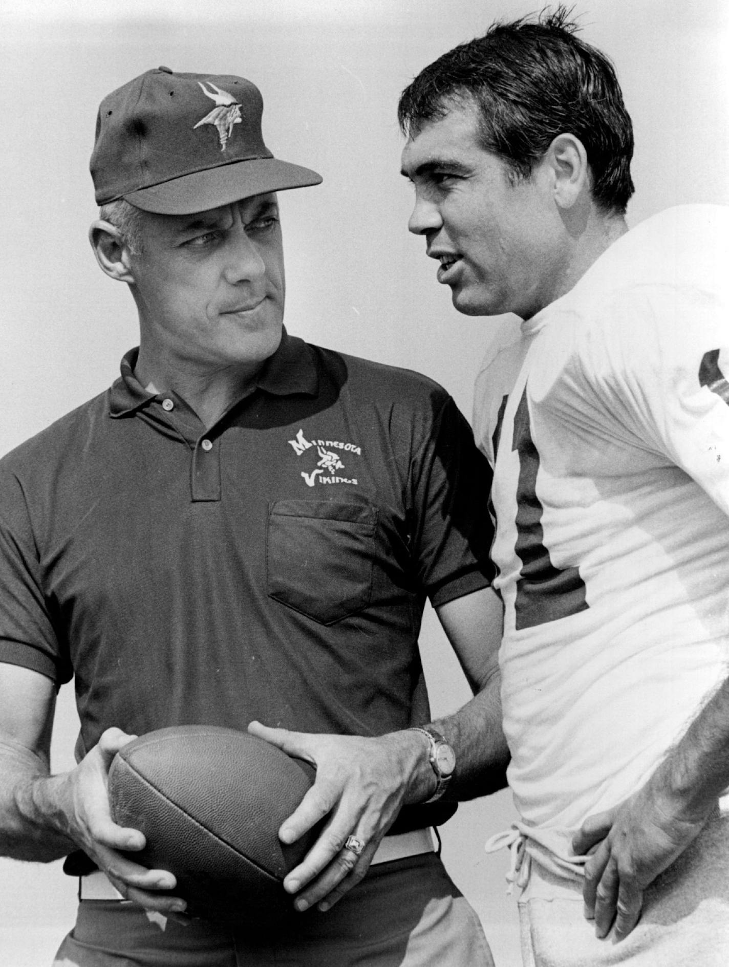 November 4, 1967 Bud Grant (left) With Joe Kapp Coach, Quarterback in strategy huddle. September 6, 1967 Charles Bjorgen, Minneapolis Star Tribune