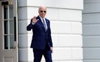 President Joe Biden waves as he walks out of the White House in Washington, Thursday, April 25, 2024, before departing on a trip to New York.