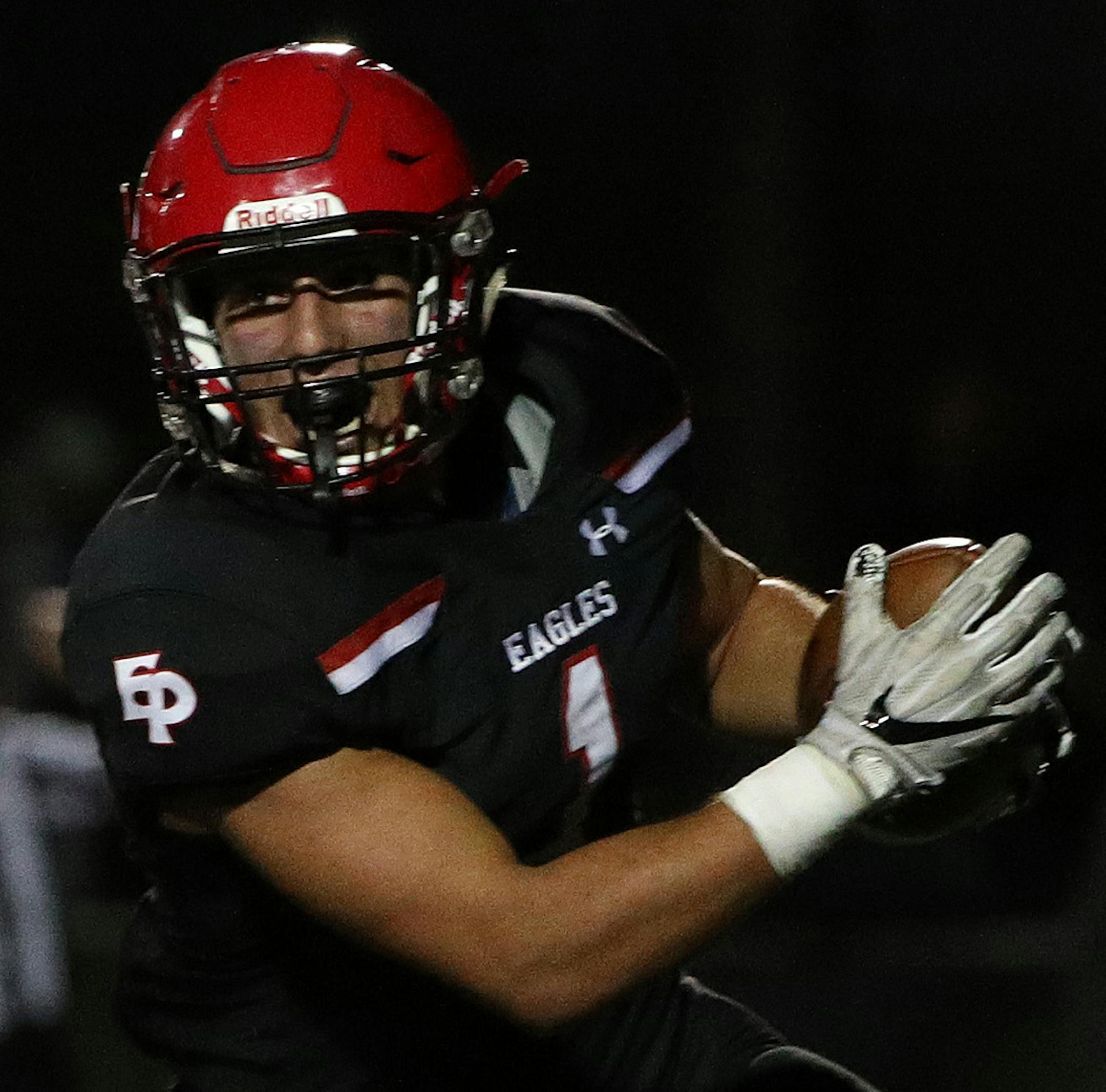 Eden Prairie High School linebacker Antonio Montero (1) celebrated after scoring a touch down in the second half. ] ANTHONY SOUFFLE ï anthony.souffle@startribune.com Game action from a football game between Eden Prairie High School and Lakeville North High School Friday, Sept. 8, 2017 at Eden Prairie High School in Eden Prairie, Minn.