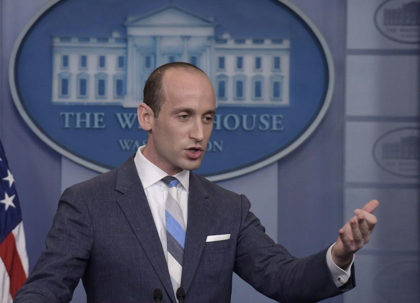 White House senior policy adviser Stephen Miller speaks during the daily briefing at the White House in Washington, Wednesday, Aug. 2, 2017.