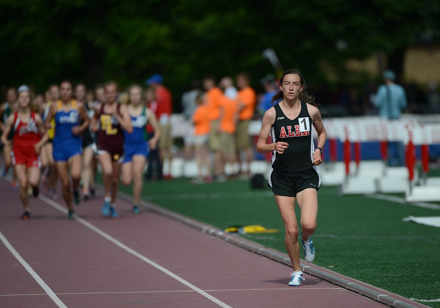 Bethany Hasz, of Alexandria High School, leads the pack during the Class AA Girls' 3200 Meter Run Finals at the State track meet at Hamline University in St. Paul, Minn., on Friday June 5, 2015. Has won the race. ] RACHEL WOOLF rachel.woolf@startribune.com