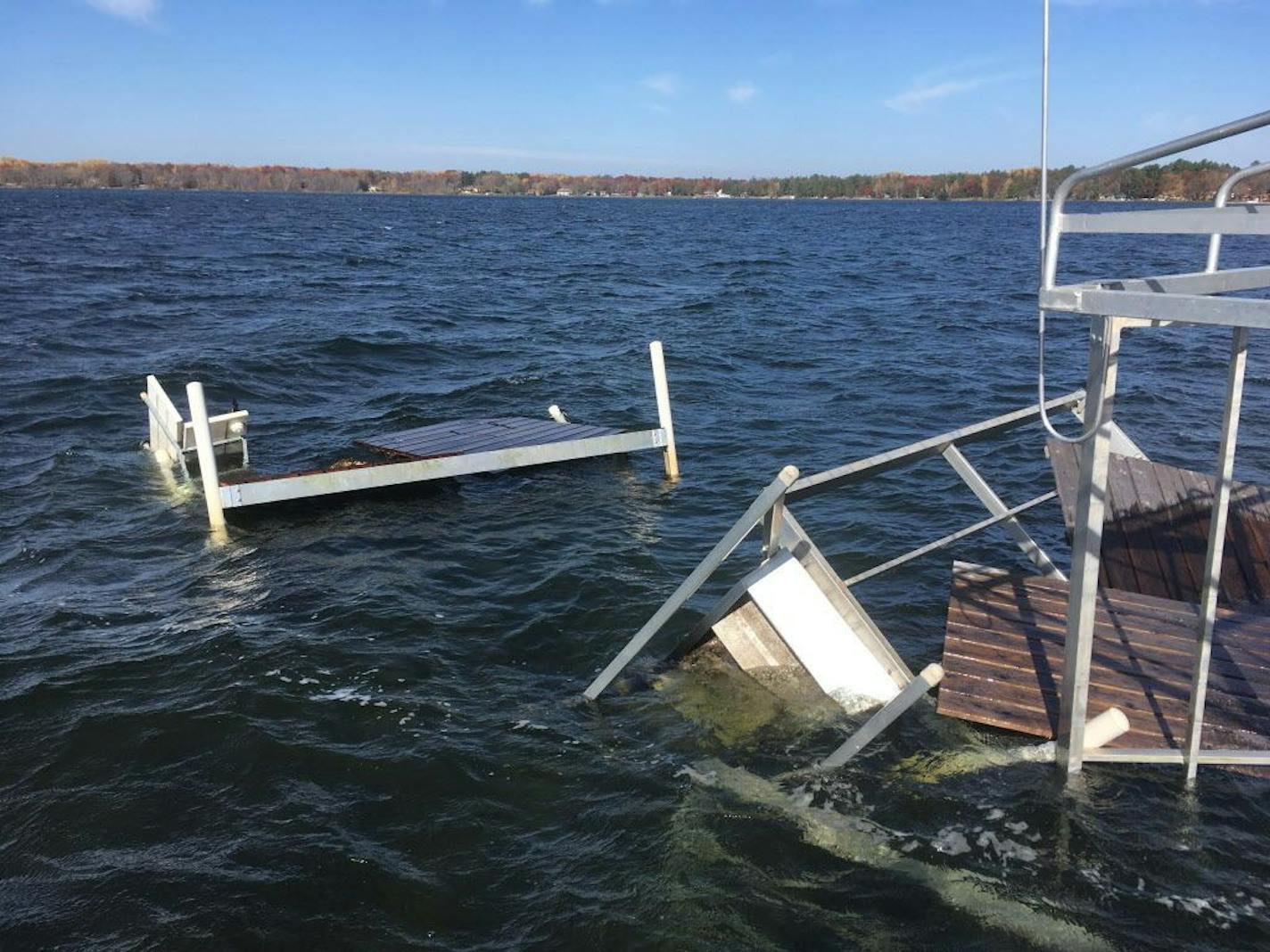 A giant, breakaway bog dmaged this dock and boat lift on North Long Lake near Brainerd on Friday the 13th.