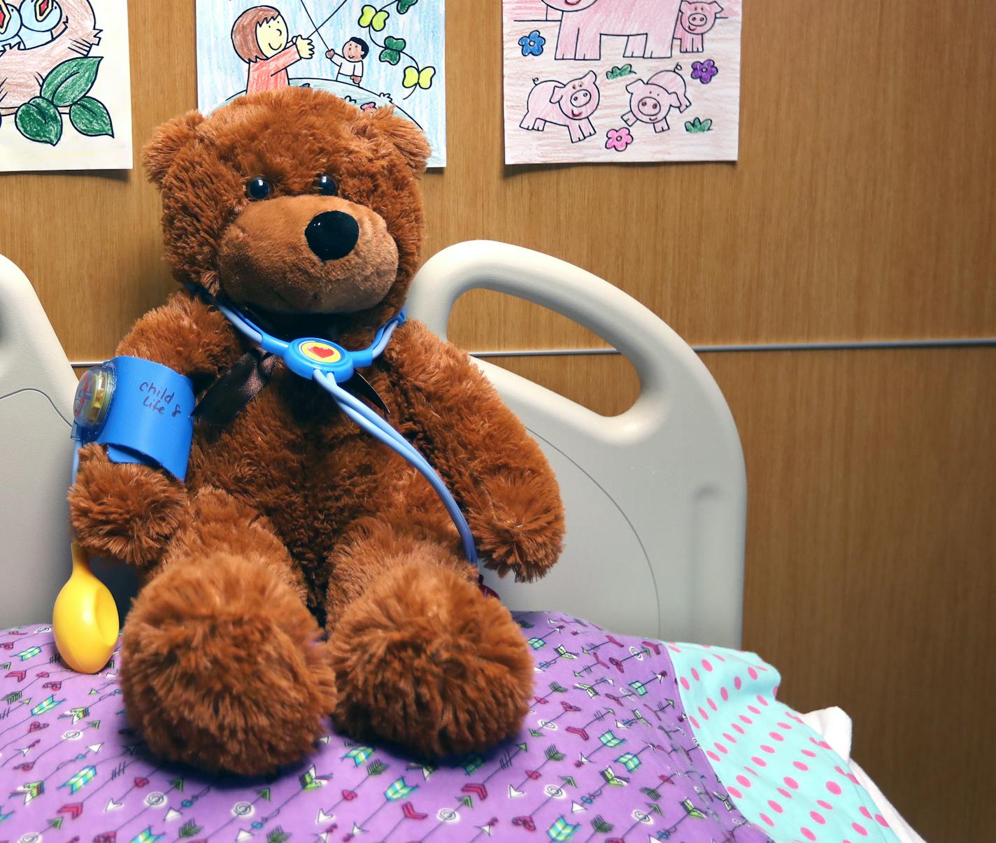 Rooms at Children's Minnesota Hospital are equipped with a variety of amenities to make patients and their families feel more at home, including personal items like new stuffed animals.