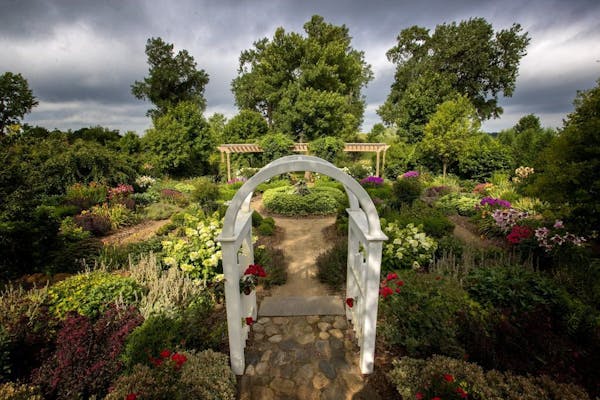 An arbor marks the entrance to Brad and Debbie Young's sunken garden of rainbow-hued perennials in Cokato. It's one of six gardens chosen from 150 nom