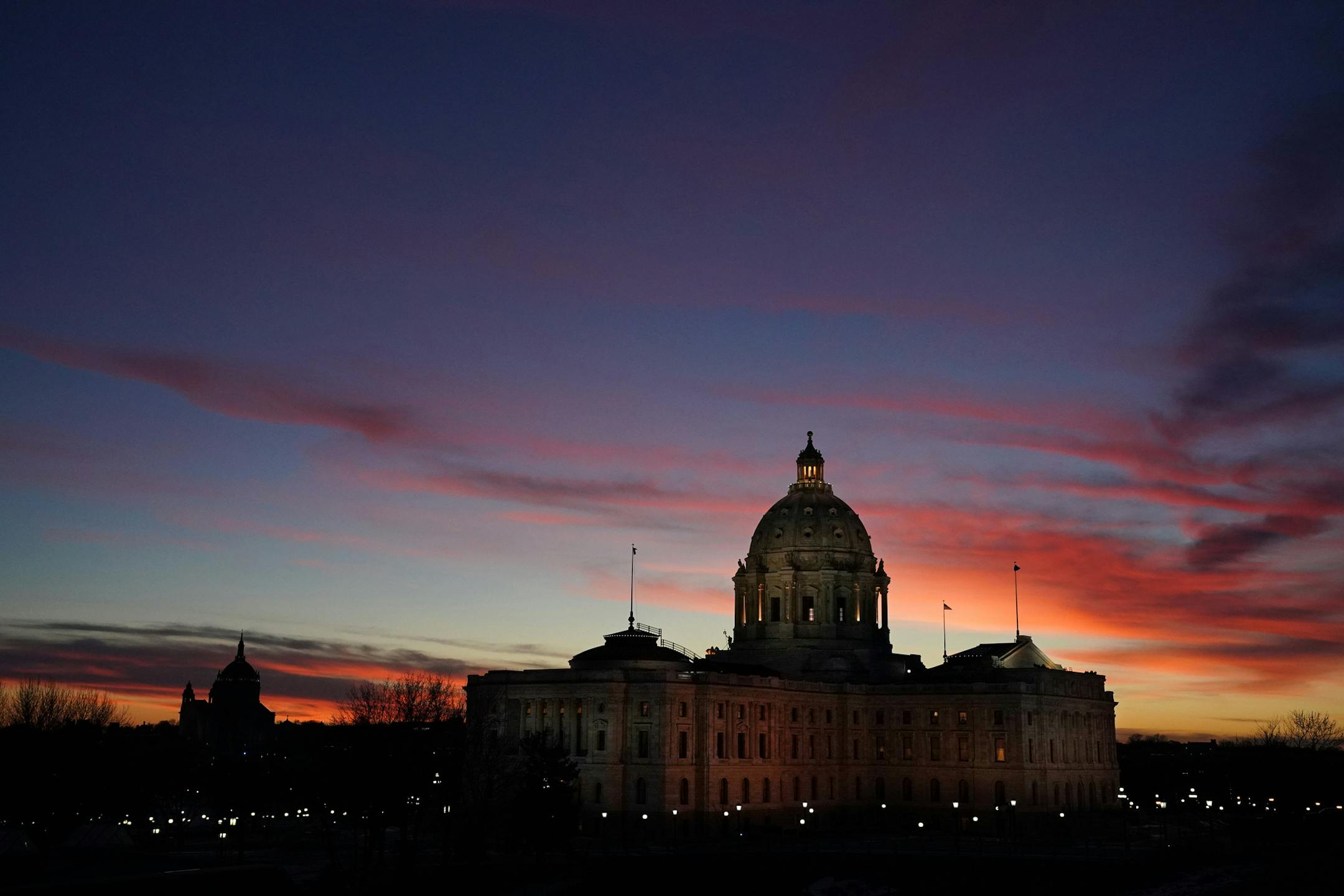 The Minnesota State Capitol was silhouetted against the setting sun in St. Paul. ] ANTHONY SOUFFLE • anthony.souffle@startribune.com The Capitol will see new legislative dynamics, with a new governor and Democratic majority in the House pushing for change while trying to compromise with a narrow Republican majority in the Senate.