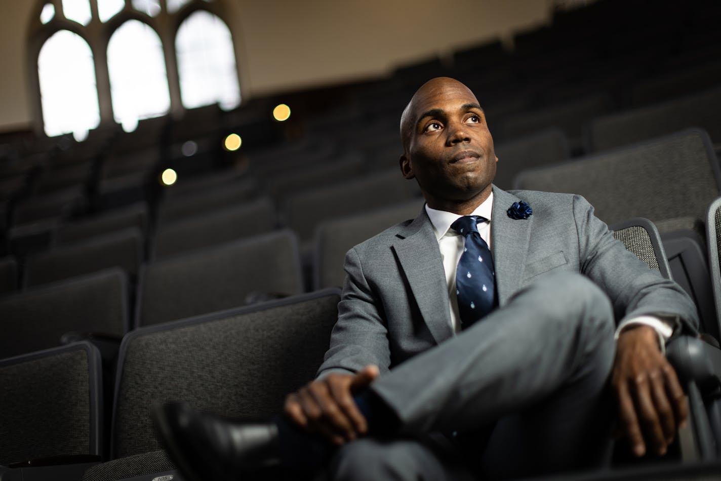 Portrait of Dr. Yohuru Williams, Distinguished University Chair and Professor of History and Founding Director of the Racial Justice Initiative, in the John R. Roach Auditorium, taken on March 30, 2023, in St. Paul.