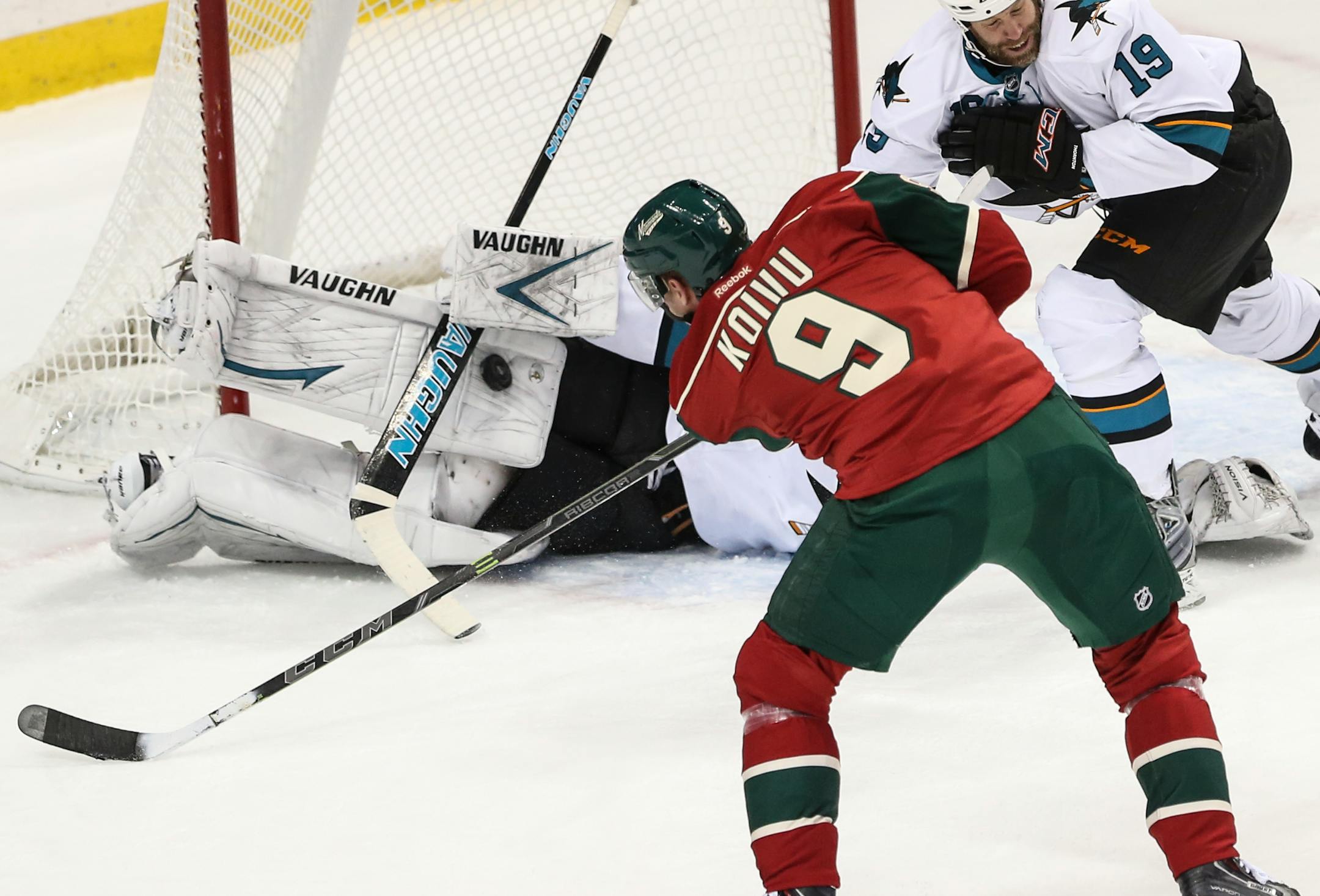 Wild's Mikko Koivu shot right into San Jose goalie Antti Niemi in the first period.