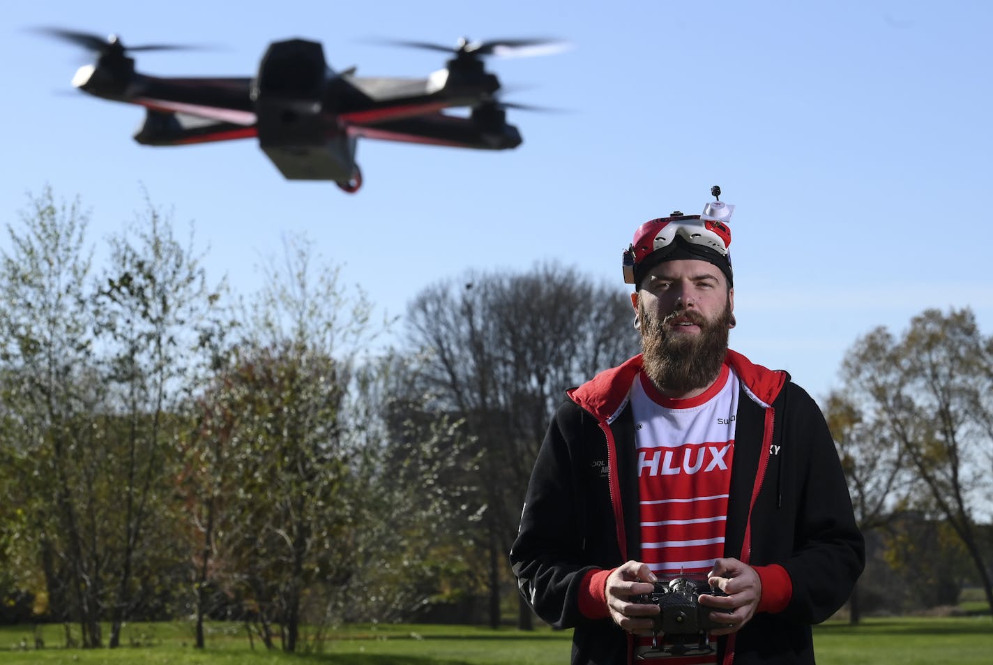 Chris Spangler, seen here at Lake Edina Park, is one of the top professional drone racing pilots in the world.