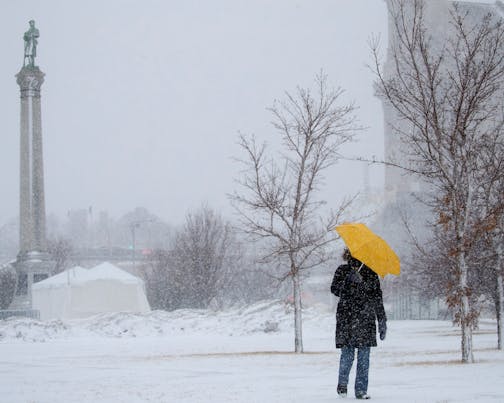 A brave pedestrian walks down the hill along John Ireland boulevard in St. Paul, with an umbrella to shield the wind and snow.