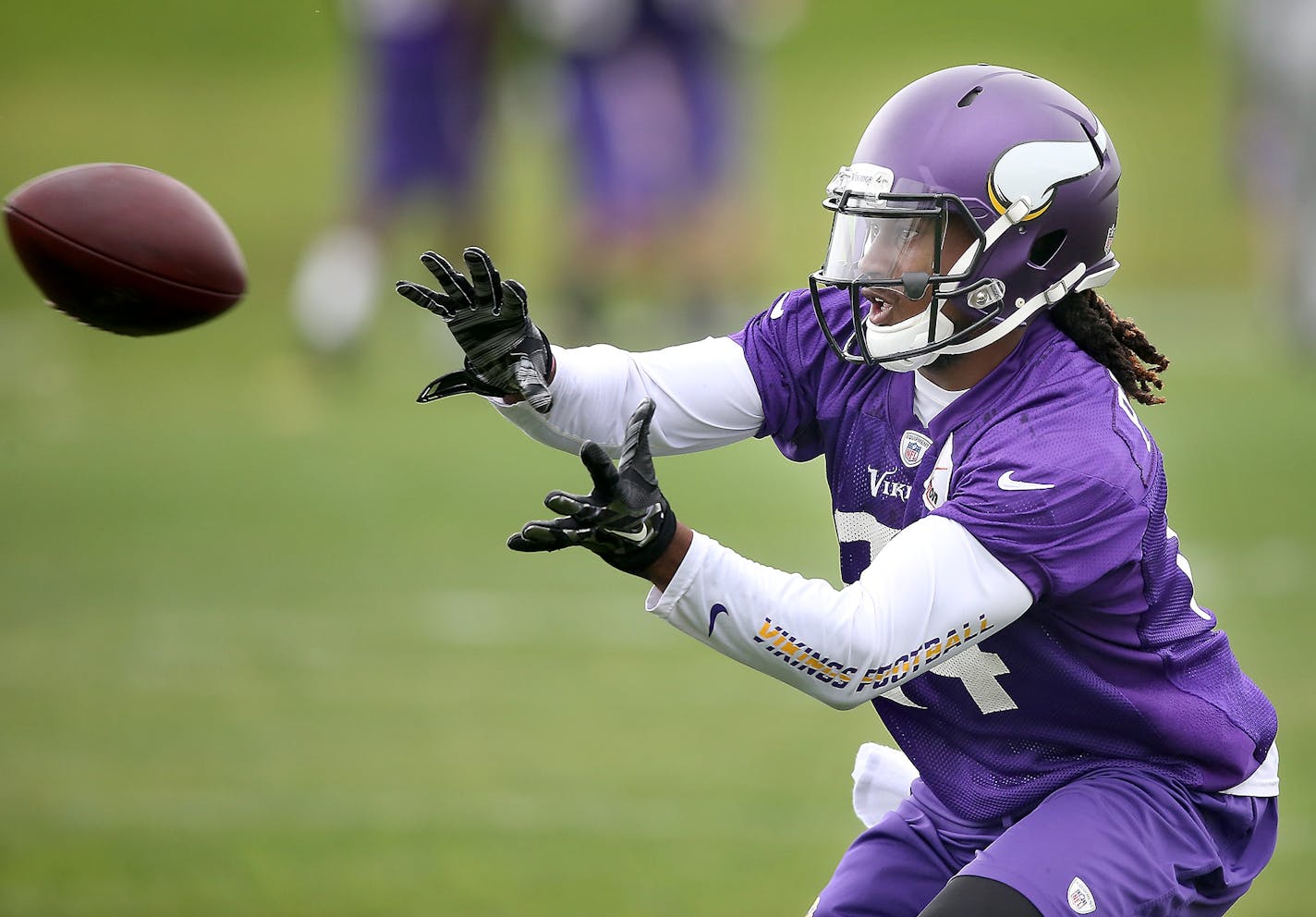 Minnesota Vikings Cordarrelle Patterson took to the field for drills during practice, Thursday, June 4, 2015 at Winter Park in Eden Prairie, MN.