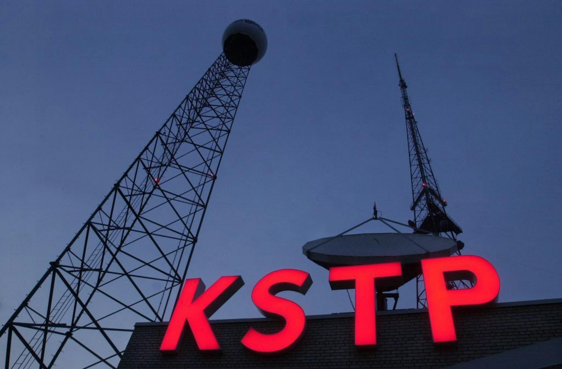 St. Paul, MN, Wednesday, June 4, 2003 -- The illuminated red letters of KSTP studios light up the Hubbard Broadcasting building at 3415 University Ave, in St. Paul.