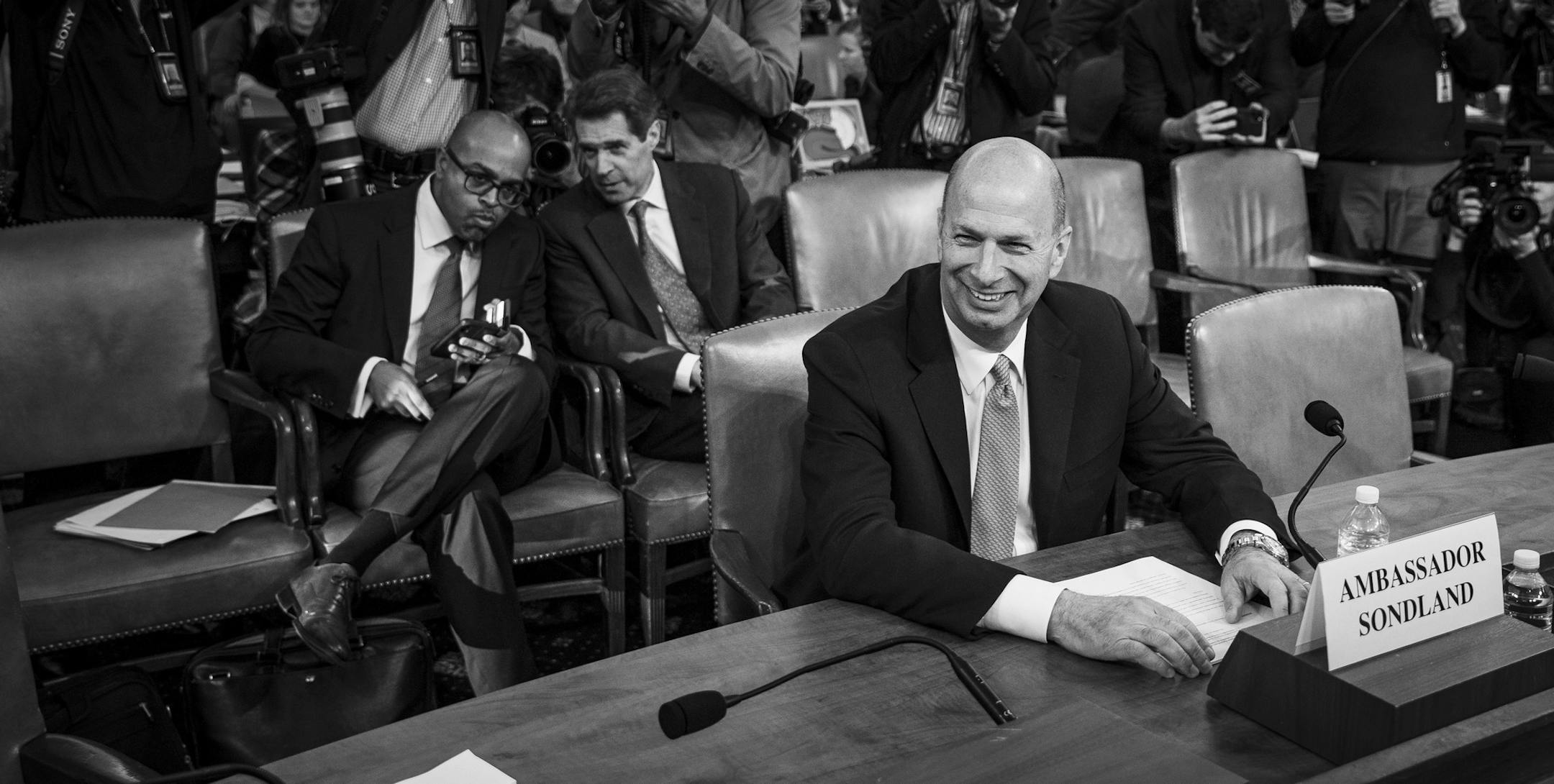 Gordon Sondland, the Trump administration's ambassador to the European Union, testifies during the House Intelligence Committee’s impeachment hearings, on Capitol Hill in Washington, Nov. 20, 2019. Unseen throughout but vividly present was the most important character of all, Donald J. Trump, only the fourth president to face possible impeachment. (Damon Winter/The New York Times)