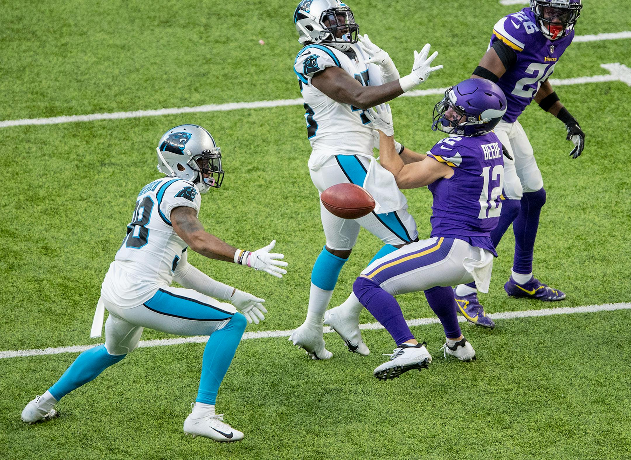 Minnesota Vikings punt returner Chad Beebe (12) muffed a punt which was recovered by the Carolina Panthers in the fourth quarter.