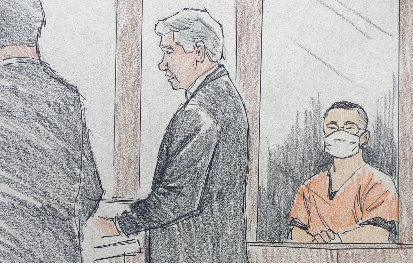 A court sketch from the hearings J Alexander Kueng, Thomas Lane and Tou Thao. This sketch shows Tou Thao in the courtroom. Drawn by Cedric Hohnstadt.