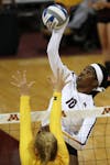 Minnesota right side hitter Stephanie Samedy (10) spiked the ball over the net in the first set. ] ANTHONY SOUFFLE � anthony.souffle@startribune.com