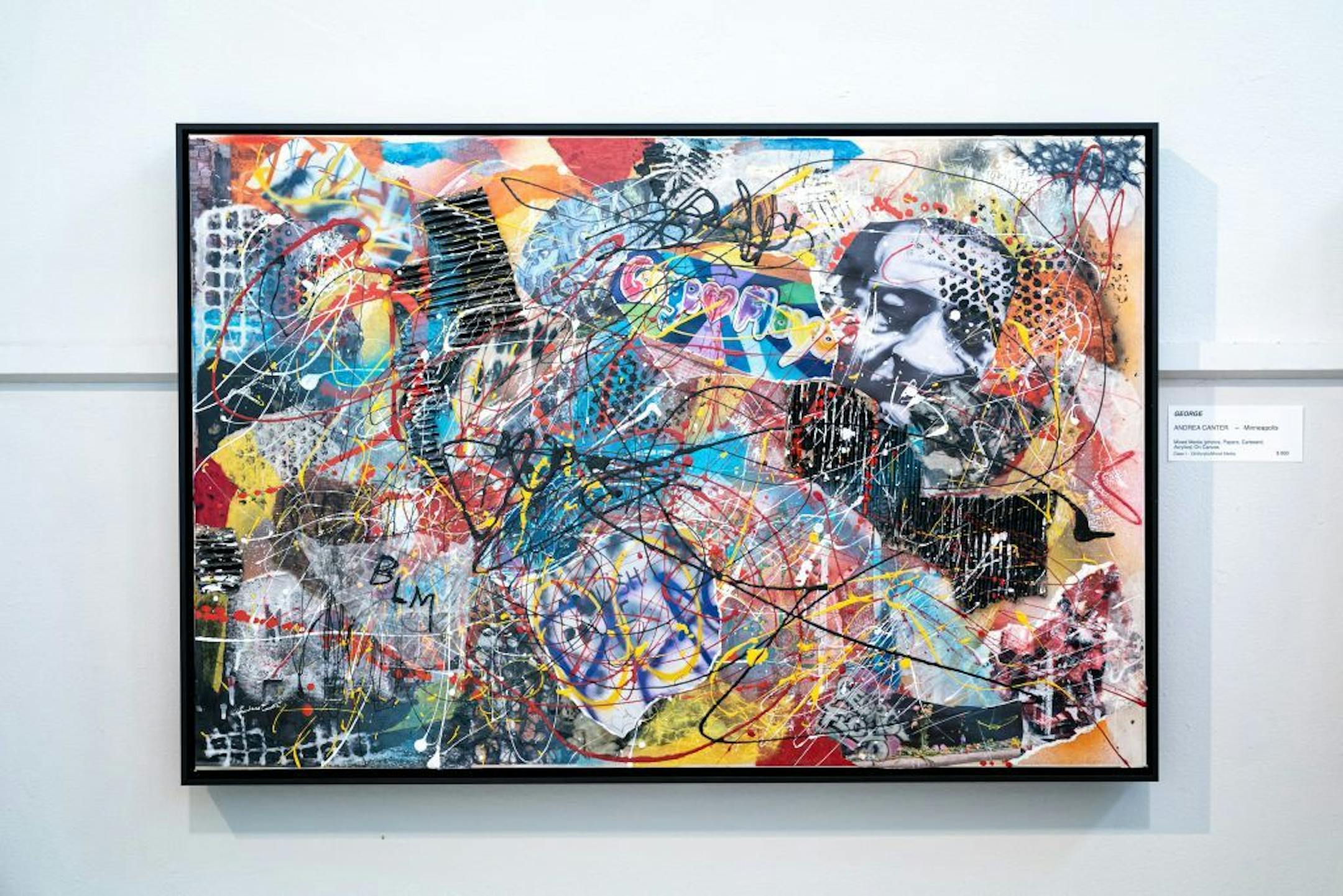 George by Andrea Canter, mixed media, photos, papers, cardboard, acrylics on canvas.