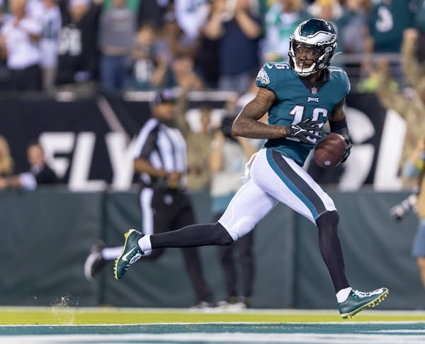 Eagles receiver Quez Watkins scored a 53-yard touchdown on Jalen Hurts’ biggest throw of the night against the Vikings on Monday.