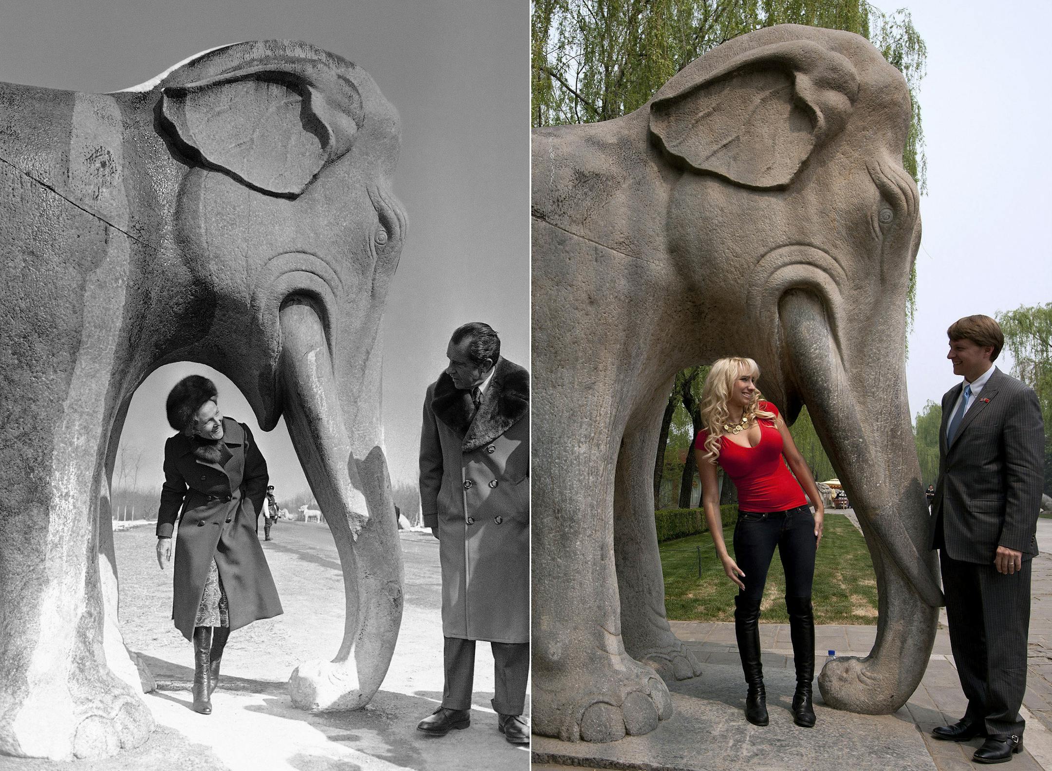 In this combo photos, U.S. President Richard Nixon and his wife Pat Nixon have light moments at a huge stone elephant, left, in this Thursday, Feb. 24, 1972 AP file photo; while at right, Nixon's grandson Christopher Cox and his wife Andrea Catsimatidisat visit the same spot at the Ming Tomb, north of Beijing, Saturday, May 4, 2013. (AP Photo/File, Andy Wong)