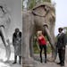 In this combo photos, U.S. President Richard Nixon and his wife Pat Nixon have light moments at a huge stone elephant, left, in this Thursday, Feb. 24