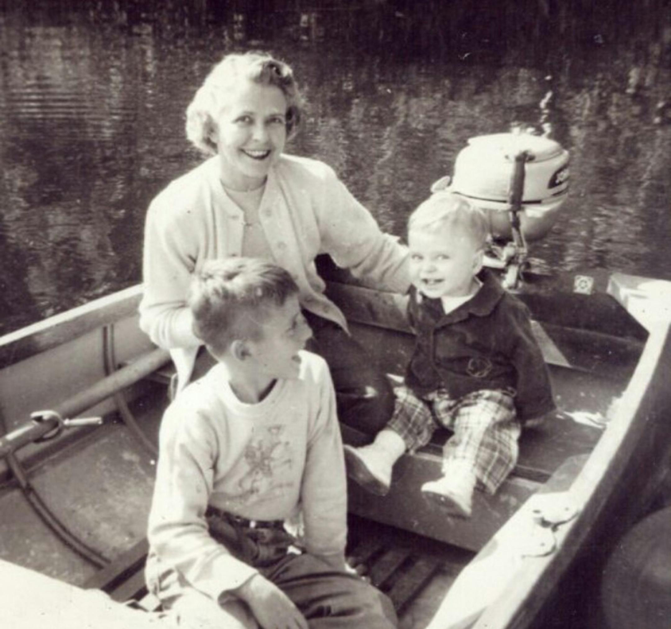 Tim Smalley, Edina: Mom Lois Smalley drove the boat on Cook Lake in 1952 Cook Lake, about 20 miles north of Duluth, with sons Tim and David, who were 1 and 9 at the time.