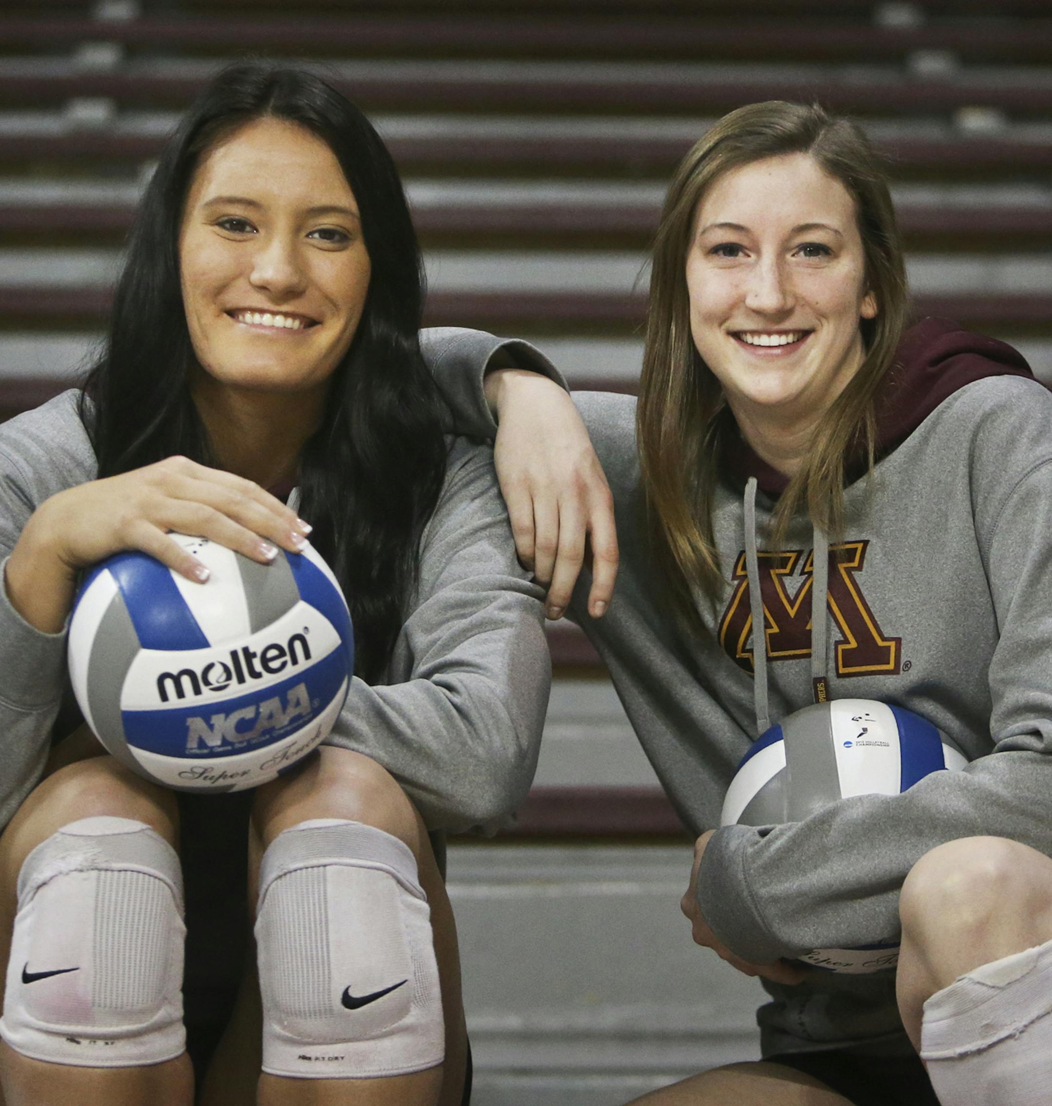 University of Minnesota volleyball starts Tori Dixon, left and Ashley Wittman pose for a photo at the University of Minnesota Sports Pavillion Tuesday, Dec. 10, 2013 in Minneapolis, MN.](DAVID JOLES/STARTRIBUNE) djoles@startribune.com University of Minnesota volleyball starts Tori Dixon and Ashley Wittman, have played on the same team for the last 10 years. They'll have to spring two upsets this weekend to avoid the end of their careers at Minnesota.