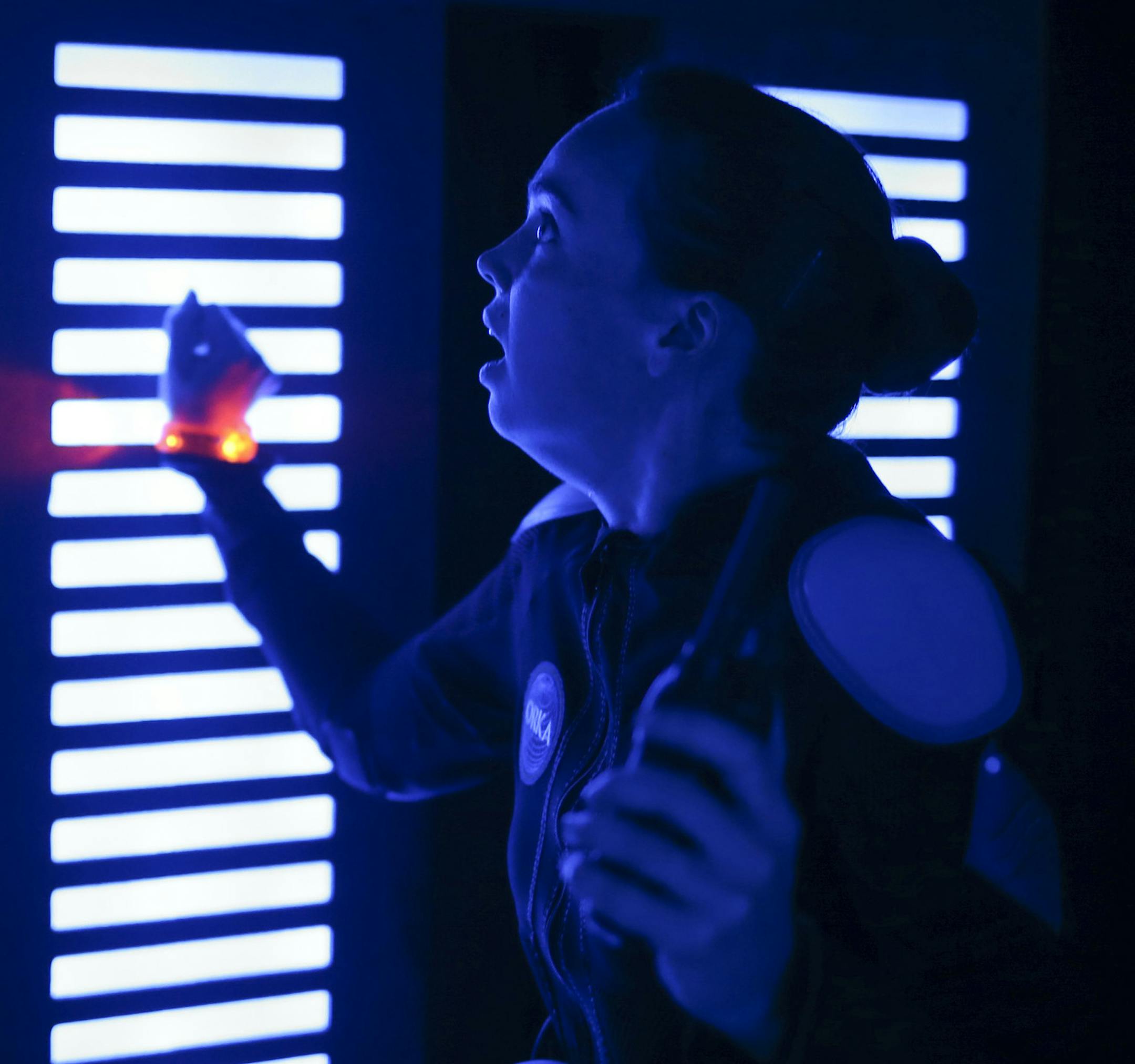 Isabel Nelson as Commander Elizabeth Lowshack, right, with a preview audience member during a run through of Jules Verne's "20,000 Leagues Under the Sea" at CTC Sunday night. JEFF WHEELER • jeff.wheeler@startribune.com Ryan Unberakke has condensed Jules Verne's "20,000 Leagues Under the Sea," the classic story of a submarine and a monster into a concentrated, 45-minute interactive experience that takes place under the stage and in the underbelly of the Children's Theatre. The cast perform