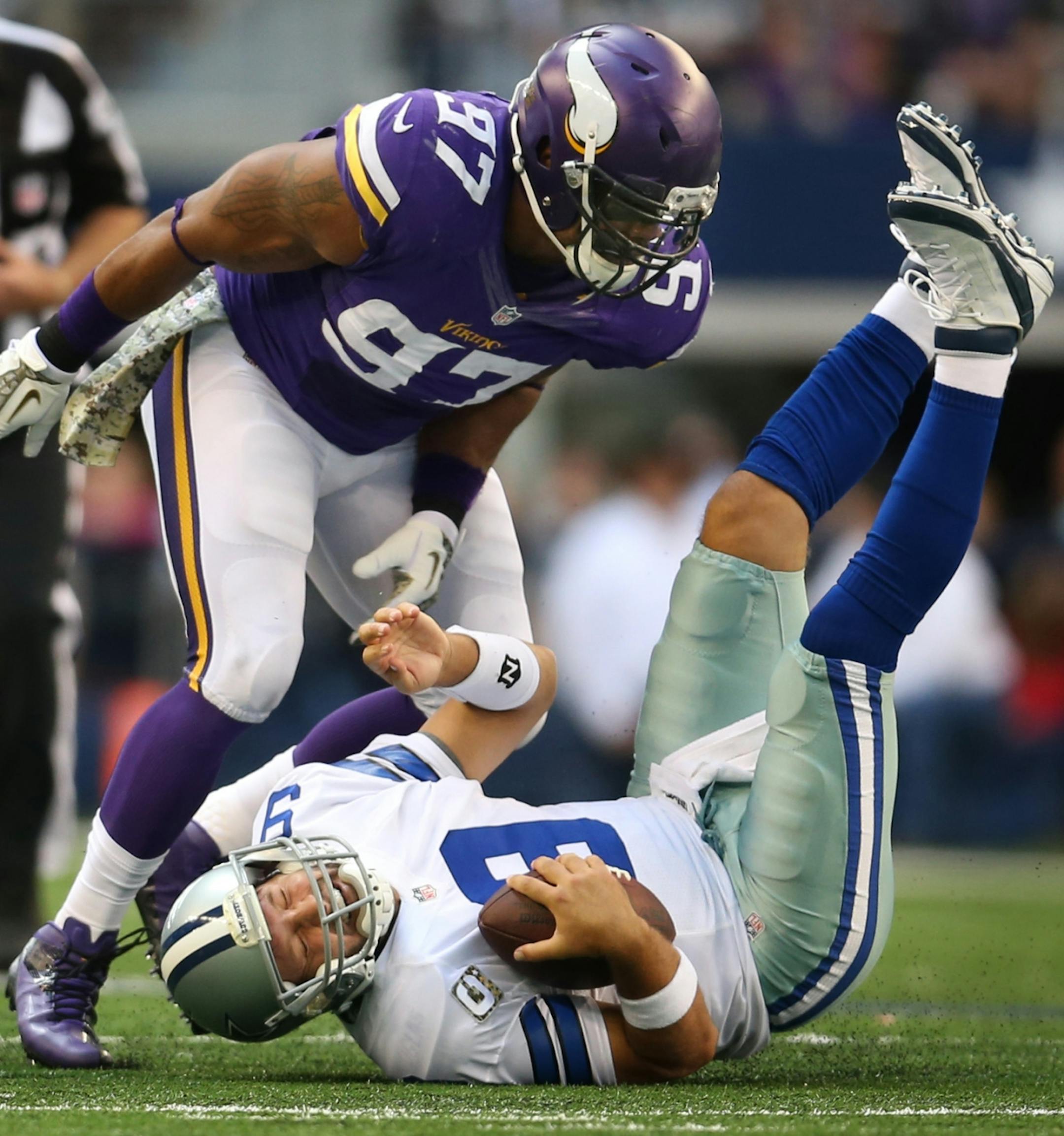 Vikings defensive end Everson Griffen sacked quarterback Tony Romo in the second quarter.