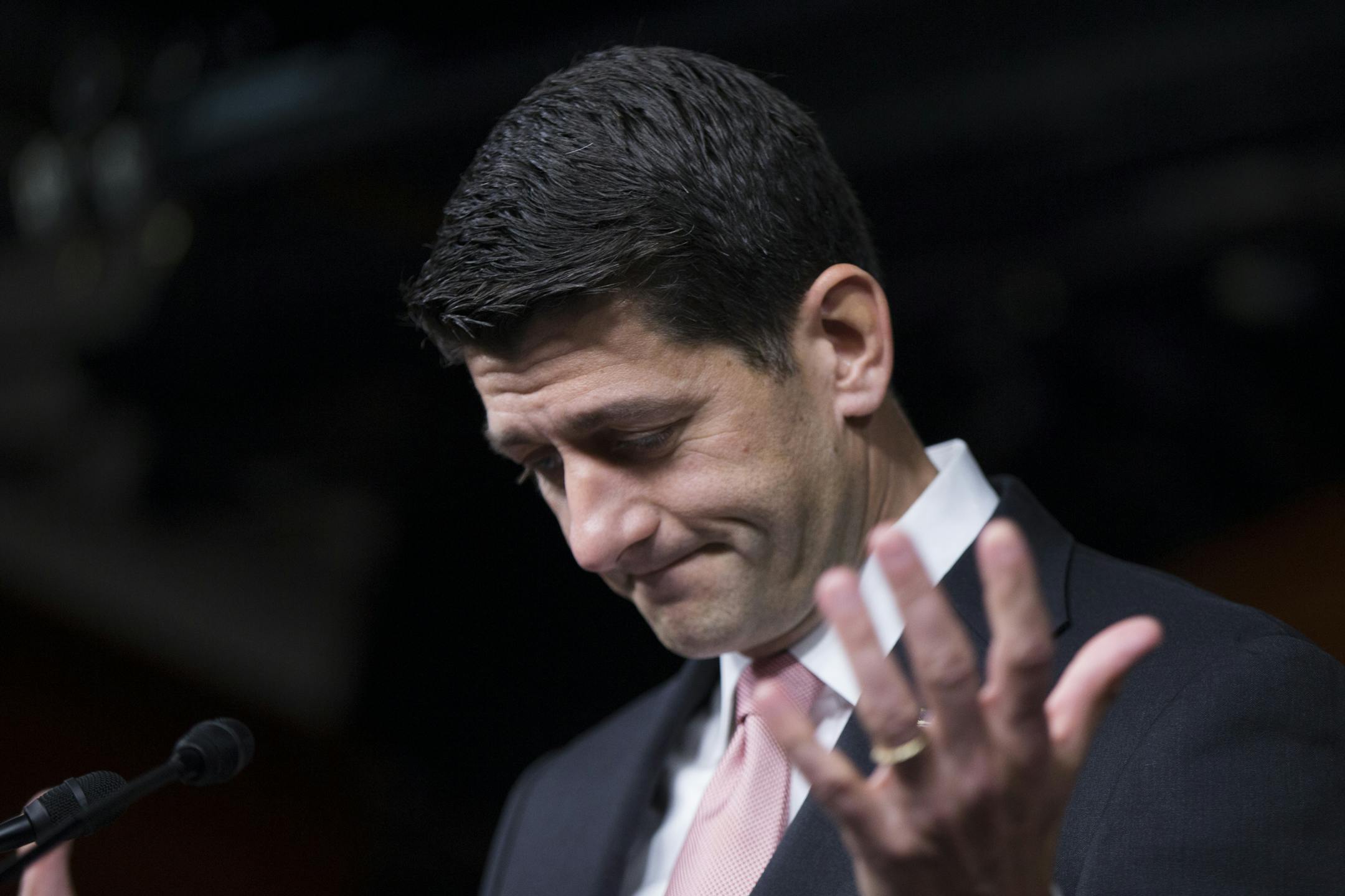 House Speaker Paul Ryan of Wis. gestures while speaking about a sit-in by House Democrats, Thursday, June 23, 2016, during a news conference on Capitol Hill in Washington. (AP Photo/Evan Vucci)