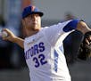 Florida pitcher Logan Shore throws against Florida A&M during the first inning of an NCAA college baseball tournament regional game Friday, May 29, 20