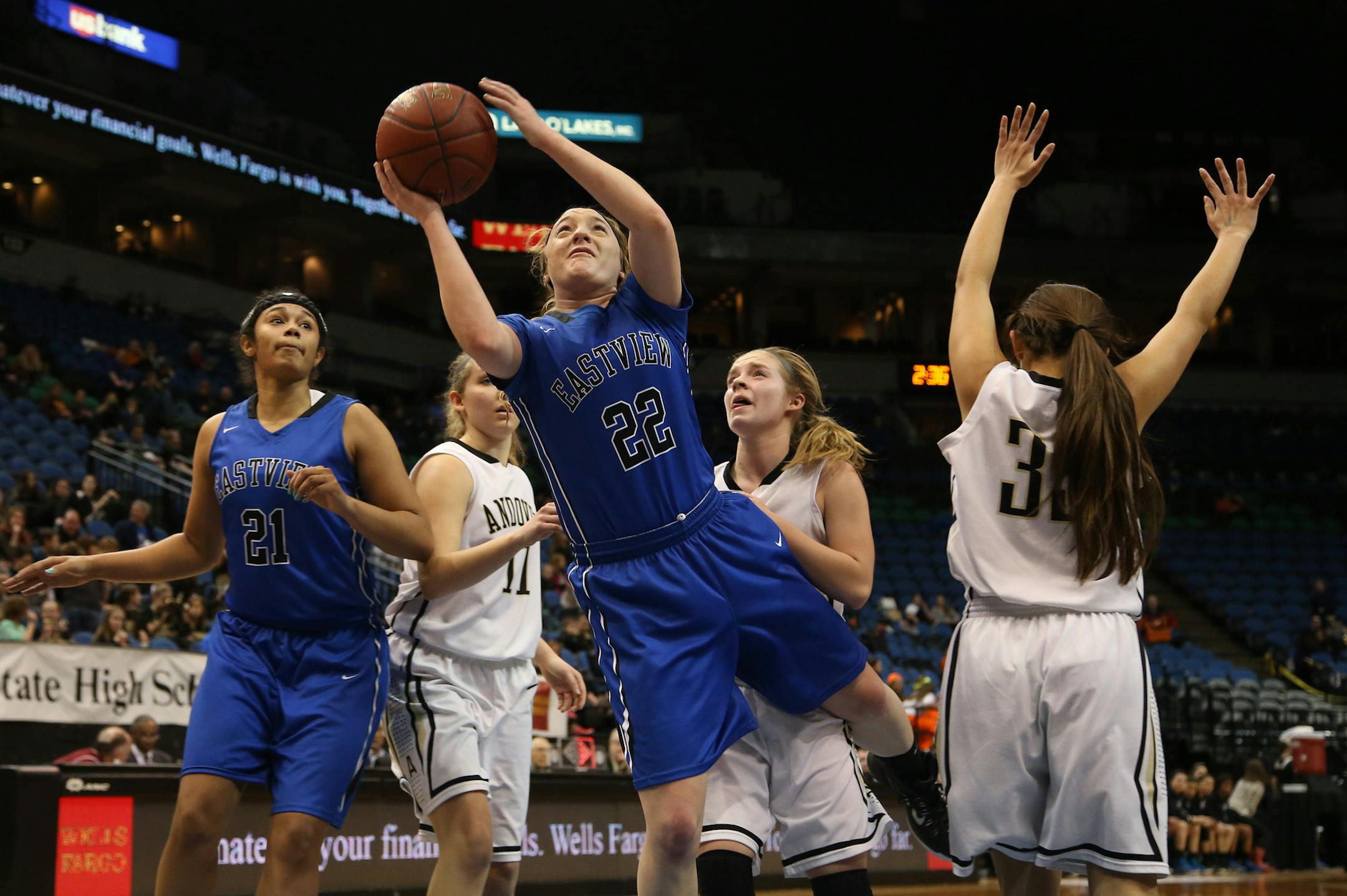 Eastview''s Madison Guebert split the Andover defense for a basket during the first half. ] (KYNDELL HARKNESS/STAR TRIBUNE) kyndell.harkness@startribune.com Eastview vs Andover in the quarterfinals at the Target Center in Minneapolis Min., Tuesday, March 17, 2015.