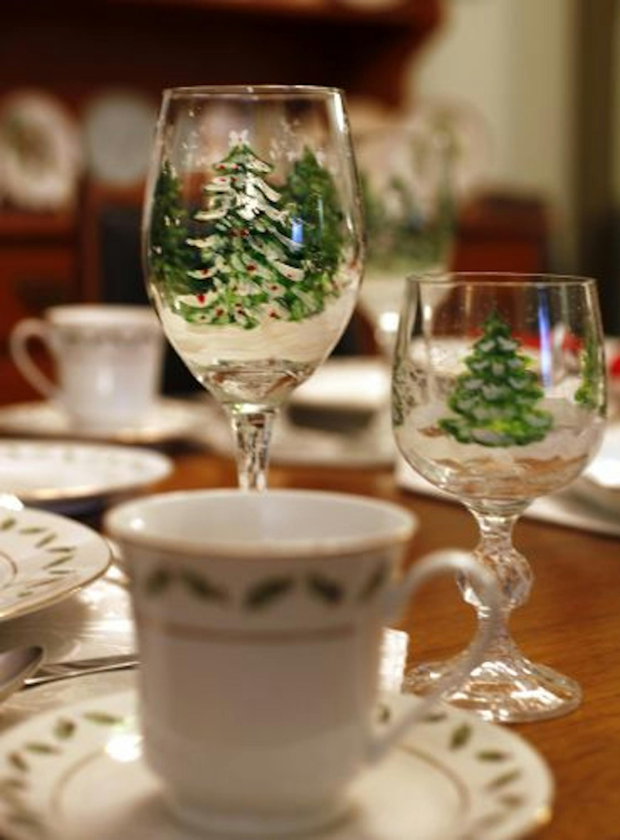 Examples of Marilyn Ingman's painted porcelain and stemware.