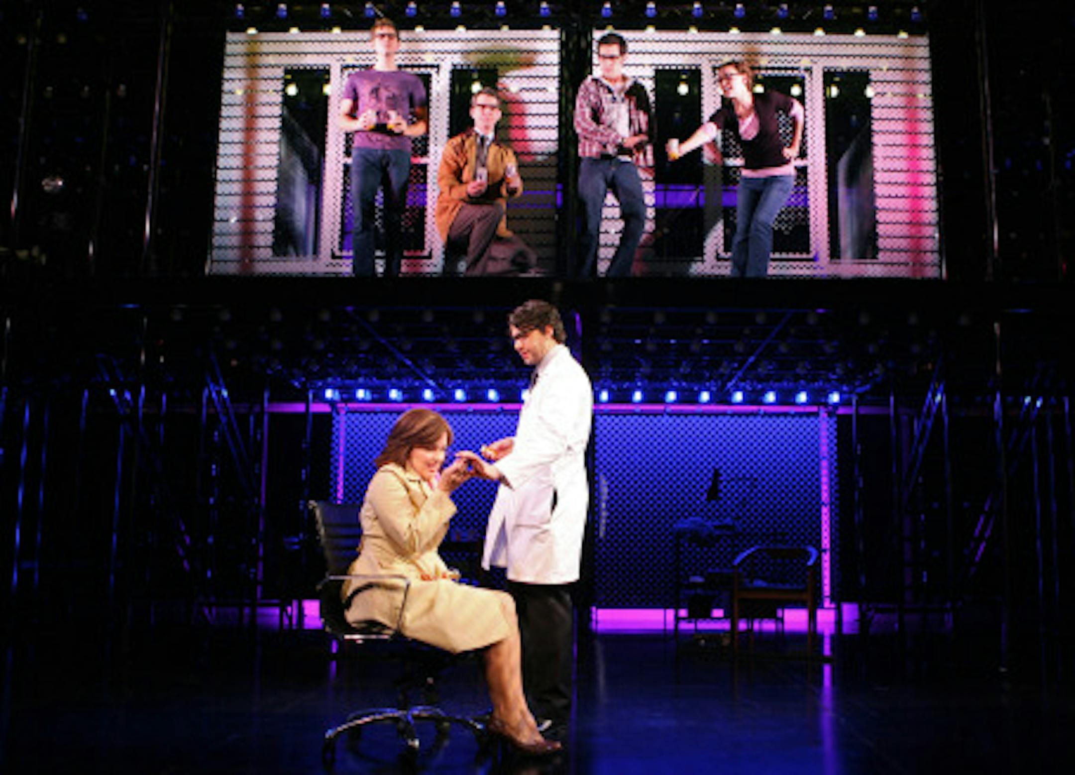 (L-R, top)  Aaron Tveit as Gabe, J. Robert Spencer as Dan, Adam Chanler-Berat as Henry, Jennifer Damiano as Natalie, (front) Alice Ripley as Diana and Louis Hobson as Dr. Fine at Arena Stage in Crystal City through January 18, 2009.