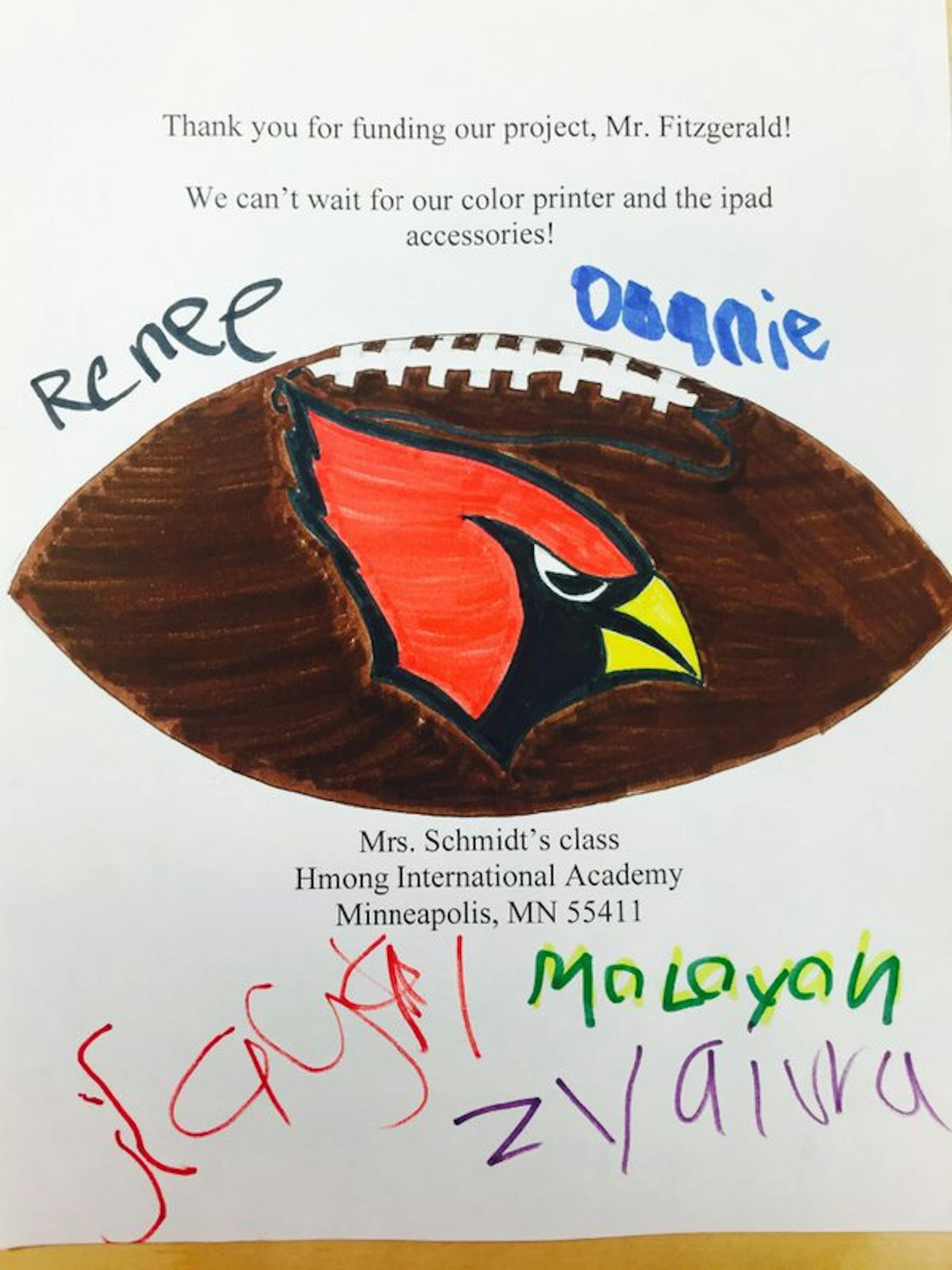 The thank-you note from Carolynne Schmidt and Katherine Tellander's class at Hmong International Academy.