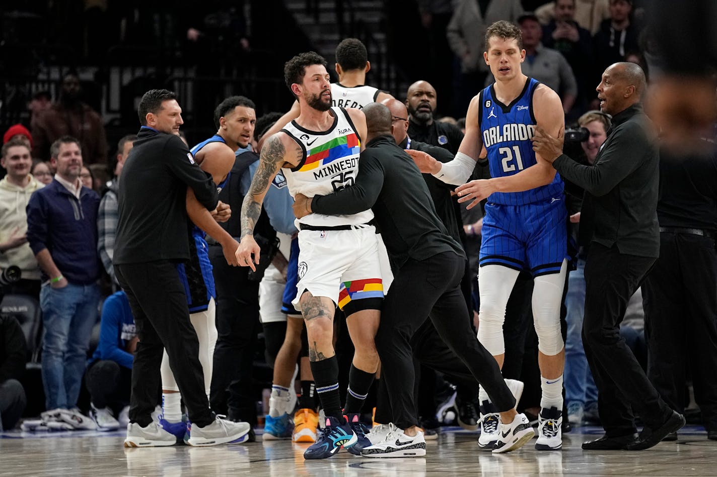 Timberwolves guard Austin Rivers was held back after participating in a scrum with Magic players during the second half Friday. Rivers was suspended three games.