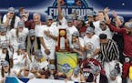 South Carolina celebrated its 64-49 win over UConn in the NCAA women's Final Four on Sunday at Target Center