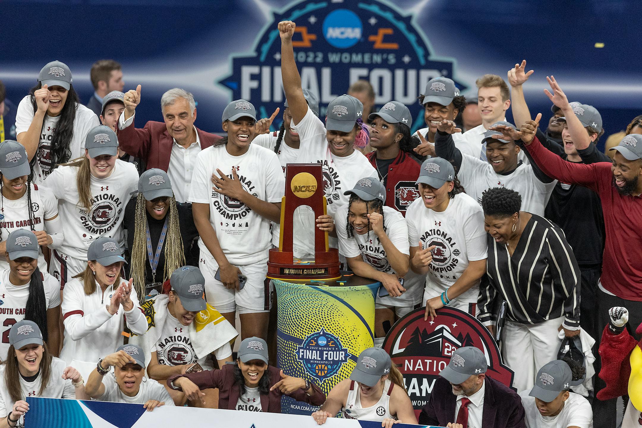 South Carolina celebrated its 64-49 win over UConn in the NCAA women's Final Four on Sunday at Target Center