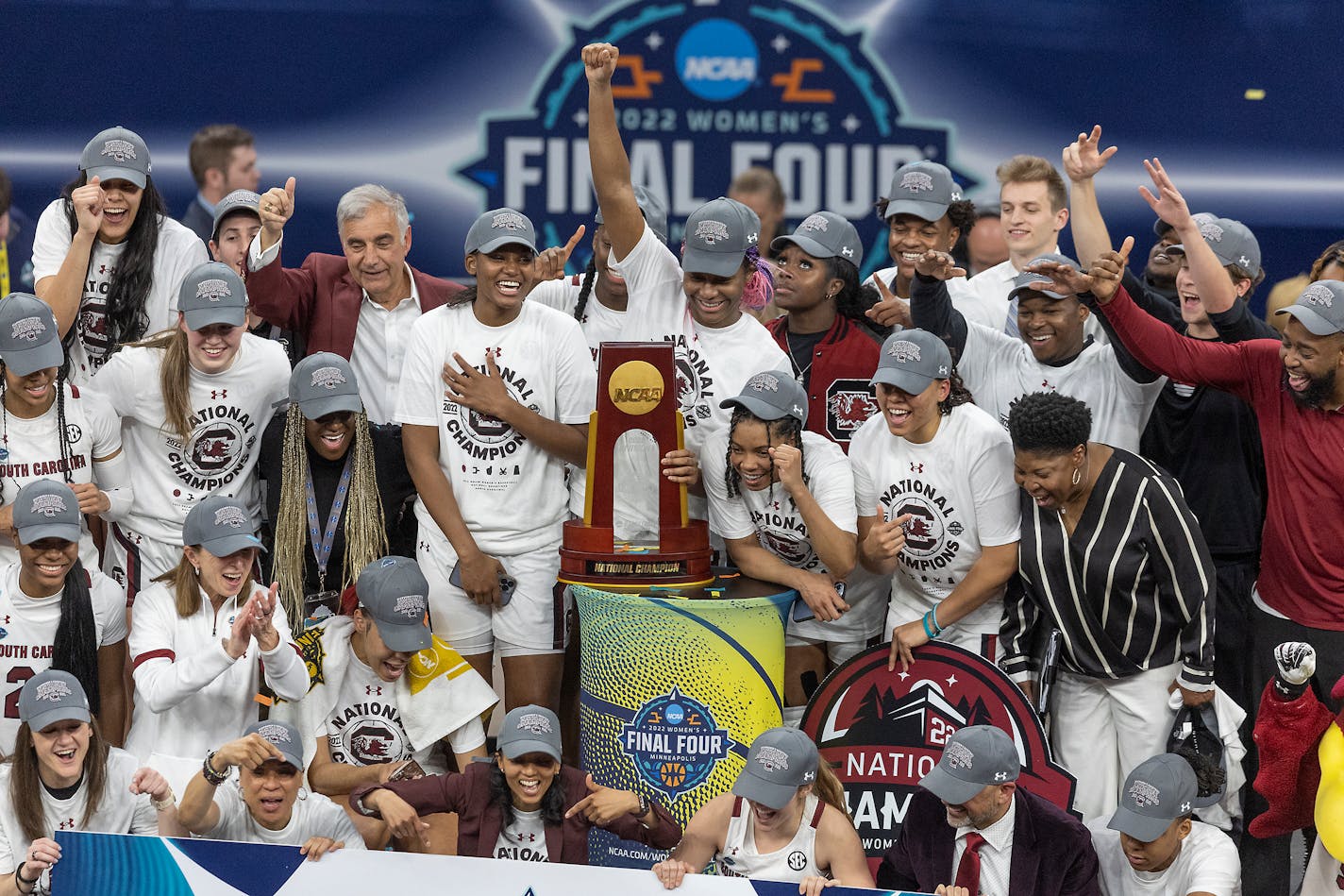 South Carolina celebrated its 64-49 win over UConn in the NCAA women's Final Four on Sunday at Target Center