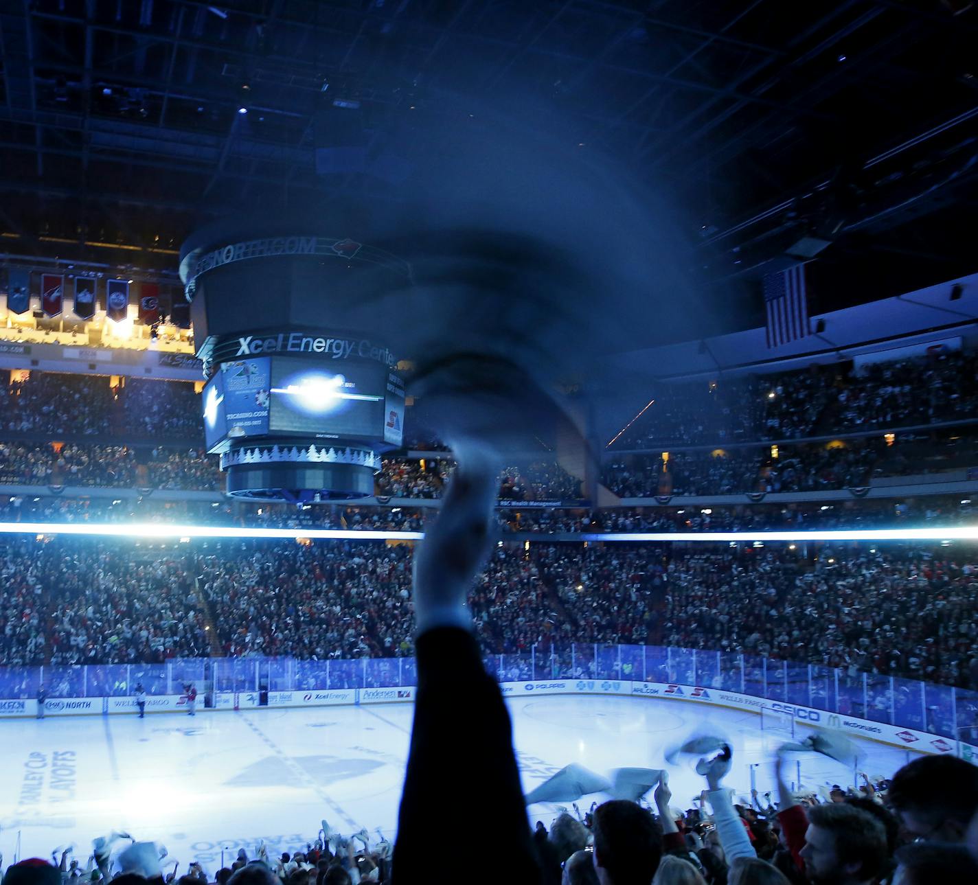 Fans at the Xcel Energy Center cheered during pre game festivities before the start of game 6. ] CARLOS GONZALEZ cgonzalez@startribune.com - April 28, 2014, St. Paul, Minn., Xcel Energy Center, NHL, Minnesota Wild vs. Colorado Avalanche, Stanley Cup Playoffs round 1, Game 6