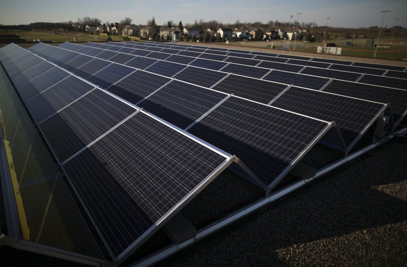 The solar array on the roof of Waconia Senior High School Tuesday afternoon. ] JEFF WHEELER &#xef; jeff.wheeler@startribune.com South metro schools are investing in solar energy in an effort to save money and cash in on energy rebates that expire at the end of 2016. Waconia Senior High has had solar panels its roof for a year and a half. The array was photographed Tuesday afternoon, November 24, 2015.