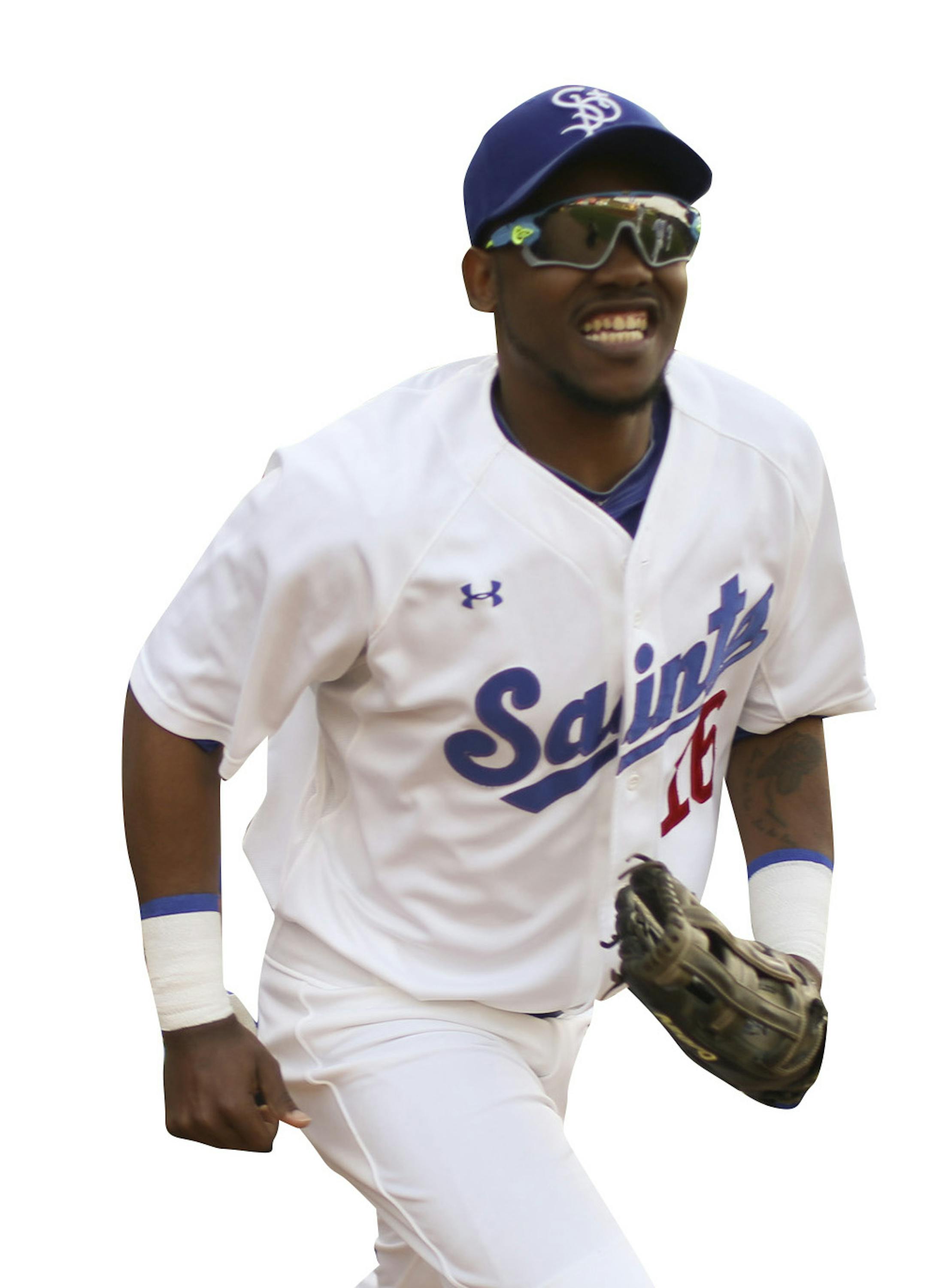 Saints players, including center fielder Alonzo Harris (16) and catcher Tony Caldwell took the field Thursday night. ] JEFF WHEELER ï jeff.wheeler@startribune.com The St. Paul Saints faced the Gary SouthShore Railcats in their home opener Thursday night, May 19, 2016, at CHS Field in St. Paul. ORG XMIT: MIN1605192128534672