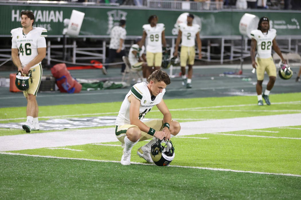 Colorado State players reacted after Hawaii’s 51-yard walk-off field goal, which came after the Rams — needing a victory to earn a bowl berth — erased a 14-point fourth-quarter deficit in Honolulu.