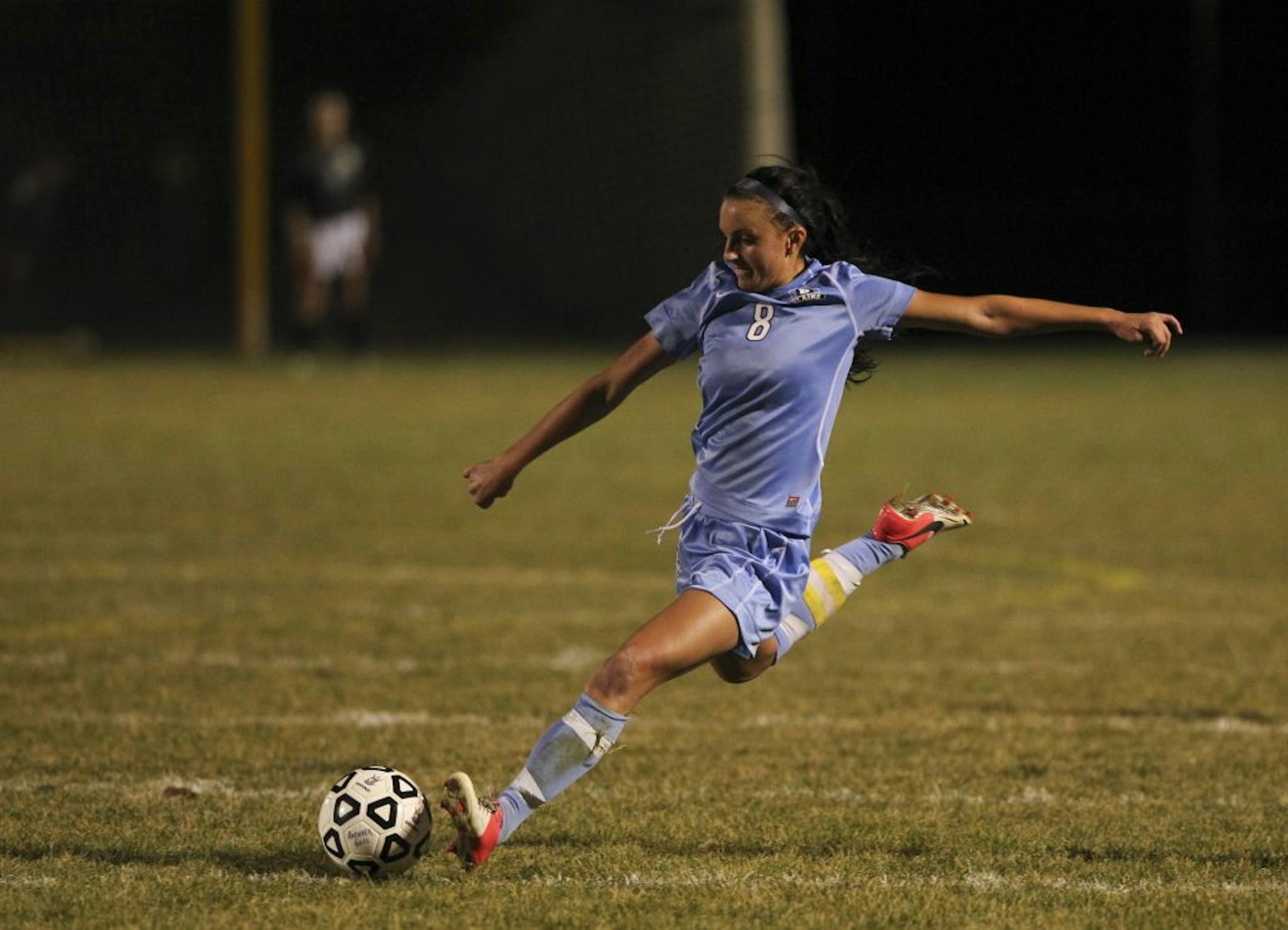 Blaine's Ashley Pafko took a shot on goal in the second half on Blaine's match against Andover on Oct. 16. She headed in the winning goal later in the game. The Bengals won 4-2. Photo by Jeff Wheeler • jwheeler@startribune.com