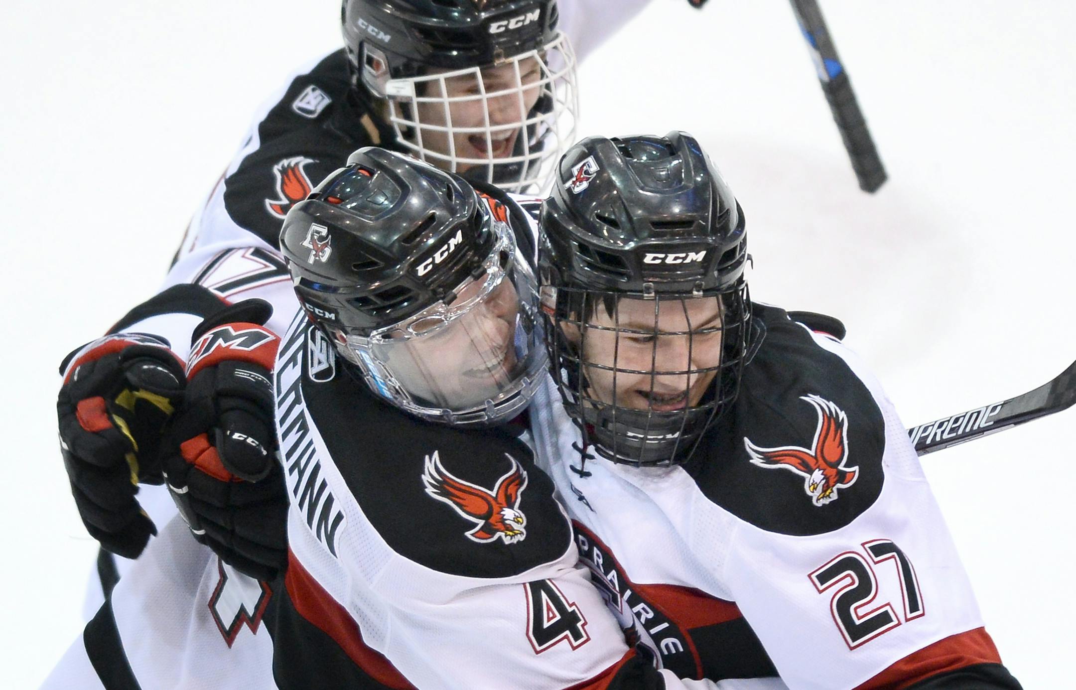 Eden Prairie defenseman Nicky Leivermann (4) and Eden Prairie forward Hunter Johannes (27) celebrated after an empty netter scored by Johannes in the third period. ] (AARON LAVINSKY/STAR TRIBUNE) aaron.lavinsky@startribune.com Eden Prairie played Prior Lake in the Class 2A Section 2 Boys' hockey finals on Wednesday, Feb. 24, 2016 at Mariucci Arena in Minneapolis, Minn. ORG XMIT: MIN1602242222180861