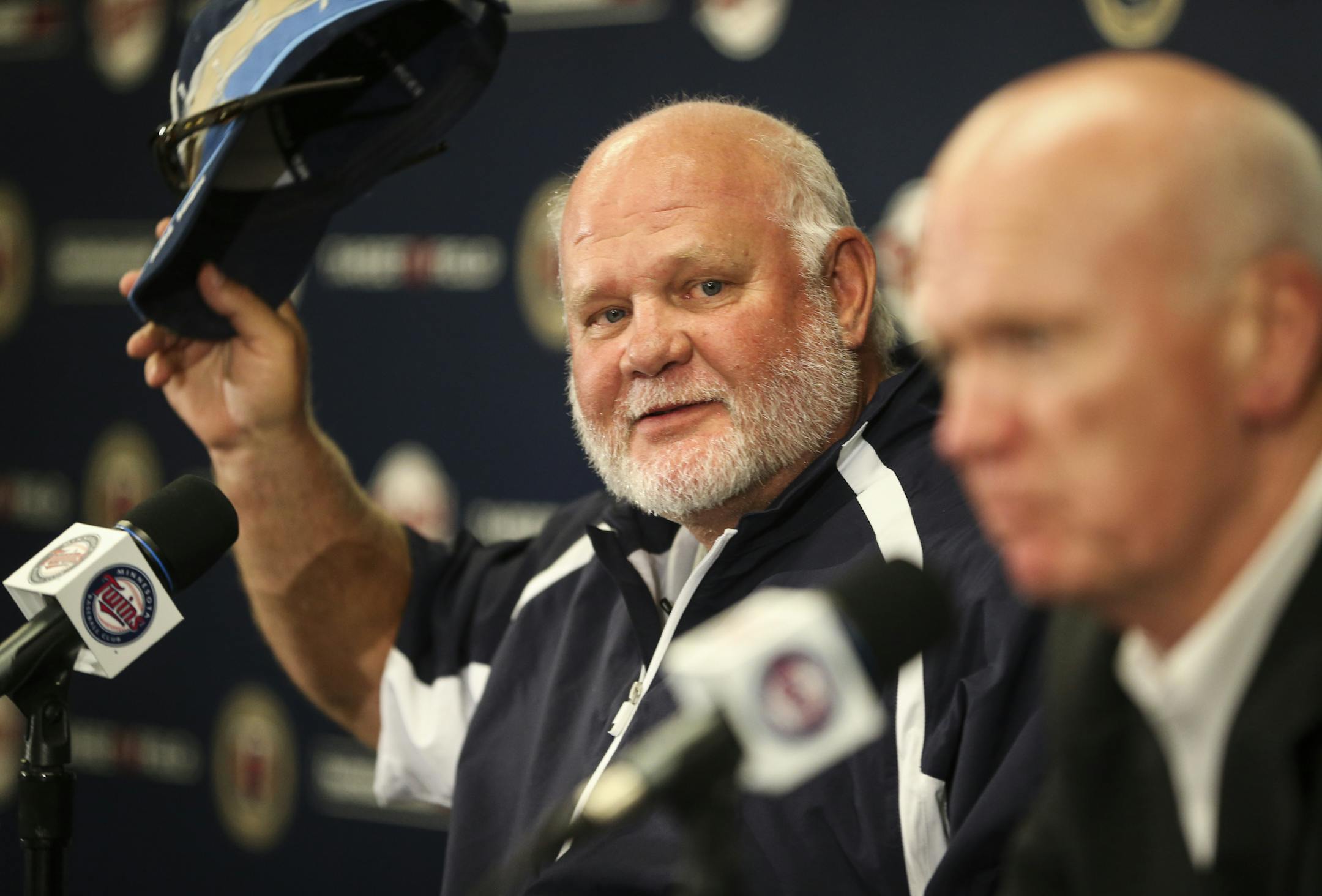 Twins manager Ron Gardenhire took off his hat in jester at a press conference with Twins general manager Terry Ryan, right, who announced that the Twins were going to replace Gardenhire at Target Field on Monday, September 29, 2014 in Minneapolis, Minn. ] RENEE JONES SCHNEIDER • reneejones@startribune.com