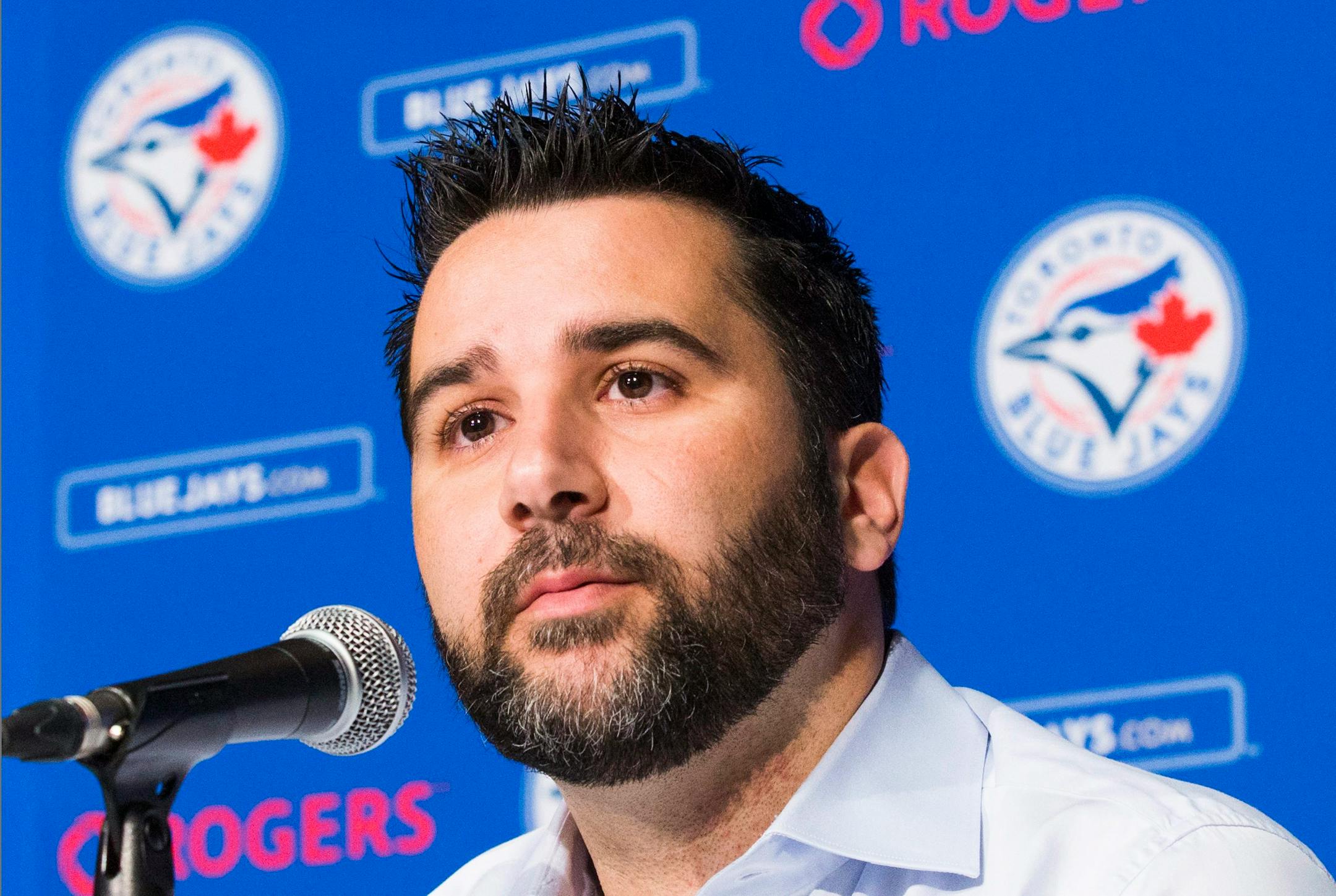 Former Toronto Blue Jays GM Alex Anthopoulos speaks at a press conference in Toronto. The Los Angeles Dodgers on Jan. 12 announced the hiring of Anthopoulos as Vice President, Baseball Operations