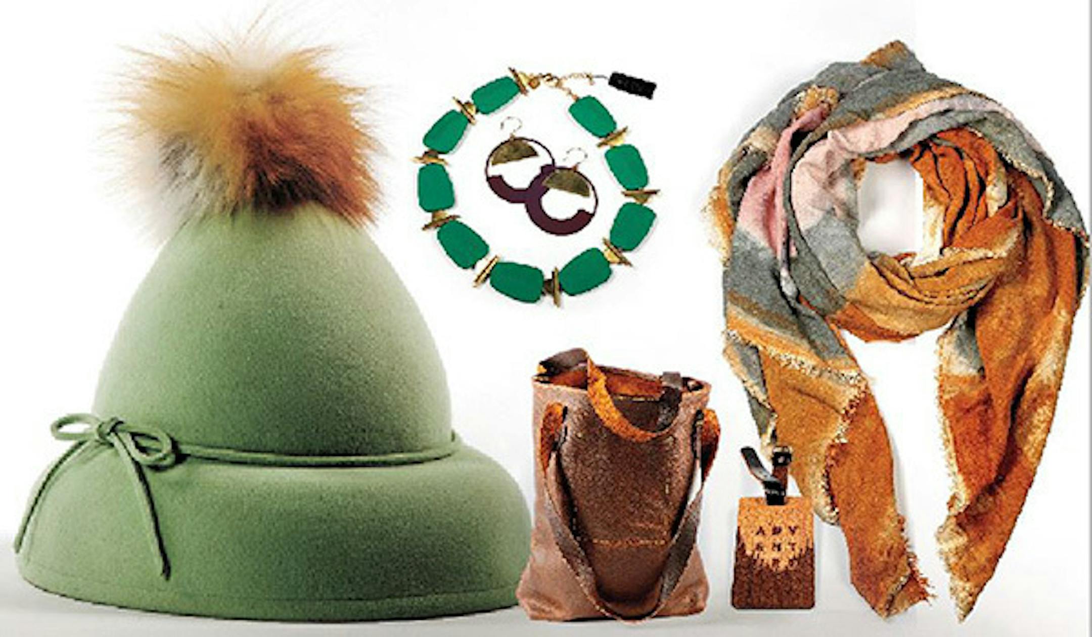 From left: Celina Kane hats, Larissa Loden jewelry, Hemlocks Leatherworks tote, Woodchuck USA luggage tag, Indigo & Snow scarf.