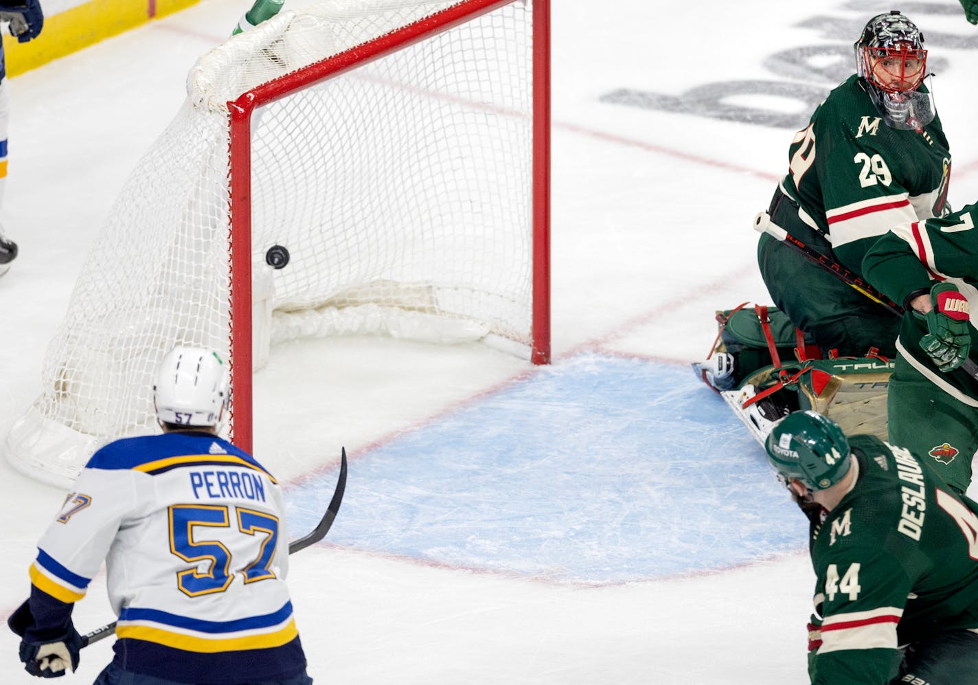 David Perron (57) of the St. Louis Blues gets the puck past Minnesota Wild goalie Marc Andre Fleury (29) for a goal in the third period Monday, May 2, at Xcel Energy Center in St. Paul, Minn. Game 1 of the NHL playoffs Minnesota Wild vs. St. Louis Blues. ] CARLOS GONZALEZ • carlos.gonzalez@startribune.com