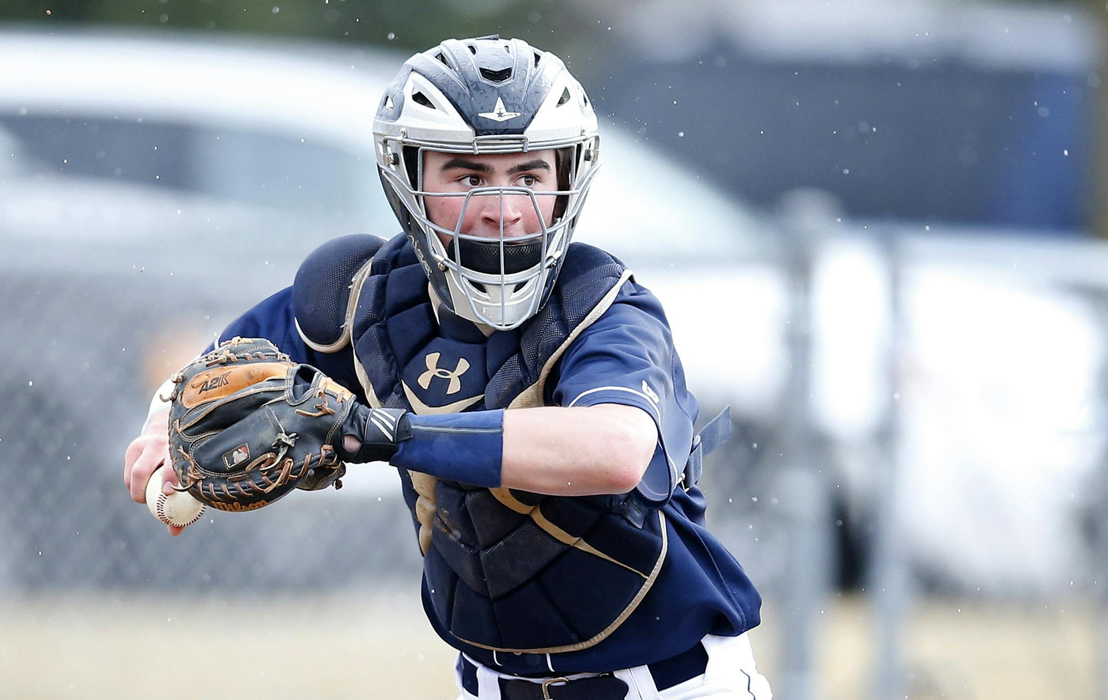 Mahtomedi catcher Sean Noel (2) attempted to throw out a runner in the second inning. ] CARLOS GONZALEZ cgonzalez@startribune.com, April 7, 2015, Hudson, WI, WashCo zone feature on Mahtomedi High School / Prep baseball, vs. Hudson